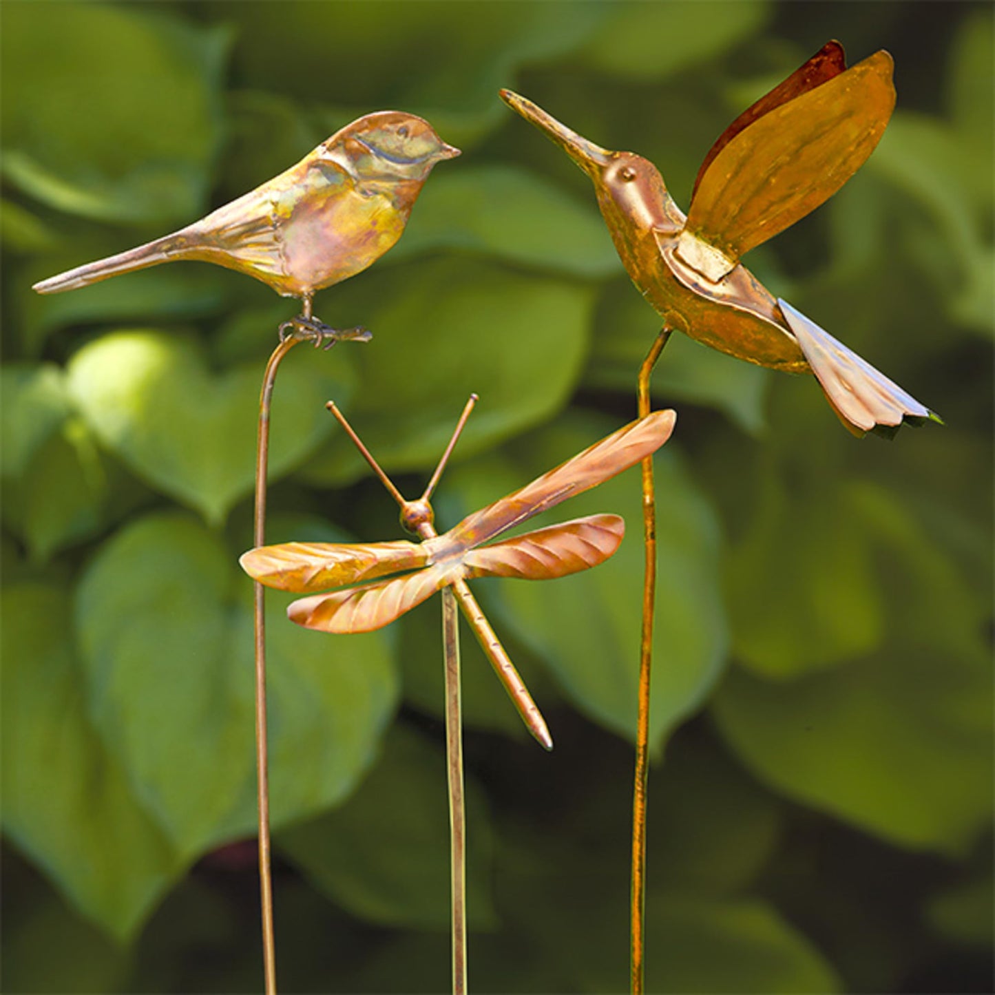 BestNest Ancient Graffiti Flamed Copper Garden Stakes, Set of 3 Metal Outdoor Yard Ornaments with Songbird, Dragonfly & Hummingbird Toppers, Decorative Staked Garden Art