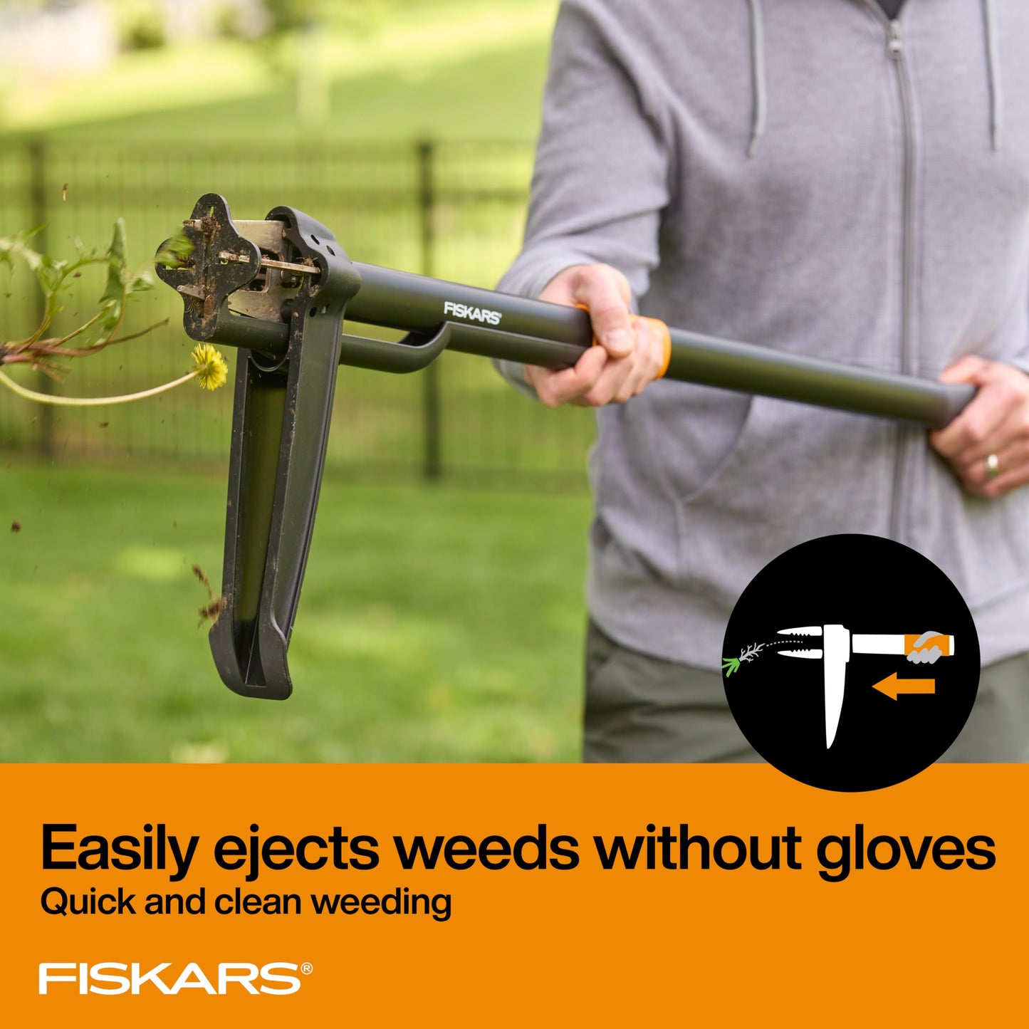 Fiskars Stand-Up Weed Puller Tool, 4 Serrated Stainless Steel Claws Grip Roots for Permanent Removal, Reinforced Foot Platform Penetrates Tough Soil, Easy-Eject & Ergonomic Offset Handle, 39"