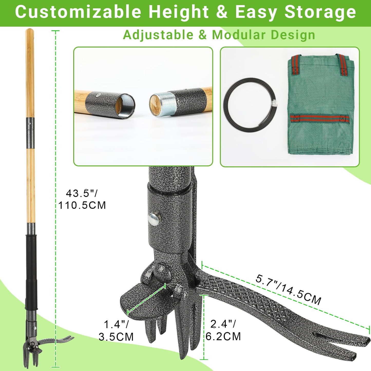 Bamda Weed Puller Tool, Heavy Duty Gardening Hand Tools with 4-Claw Steel Head & Dual-Eject Mechanism, 43.5" Bamboo Long Handle Stand Up Weeding Tool for Lawn Yard, Includes 16 Gallon Leaf Bag