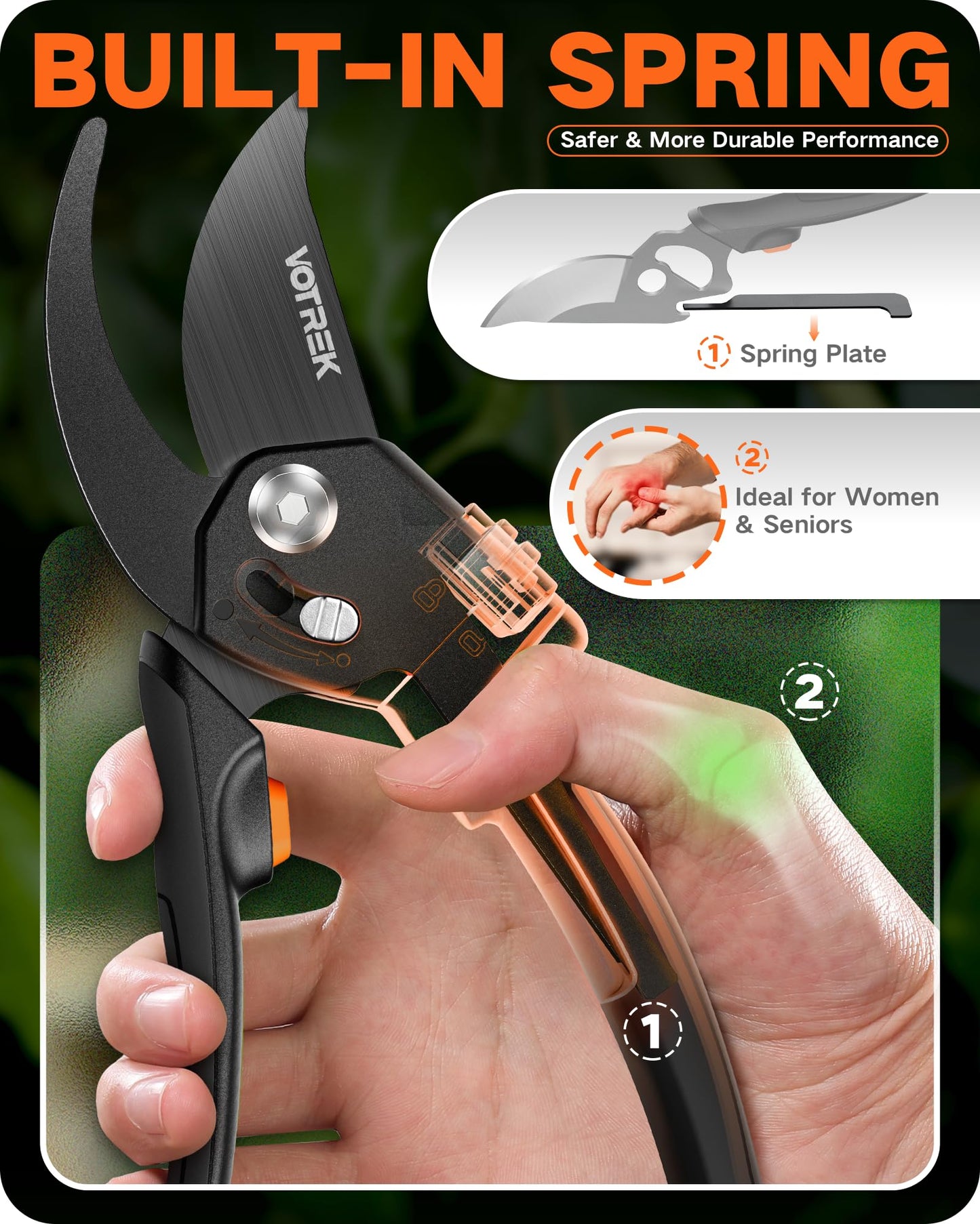 VOTREK 8.5" Pruning Shears for Gardening, 【Unique Stepless Handle Opening】Professional Bypass Garden Clipper, Heavy Duty Plant Pruners for Branch 【SK5 Steel Blades】【All Hand Sizes】, Classic Black