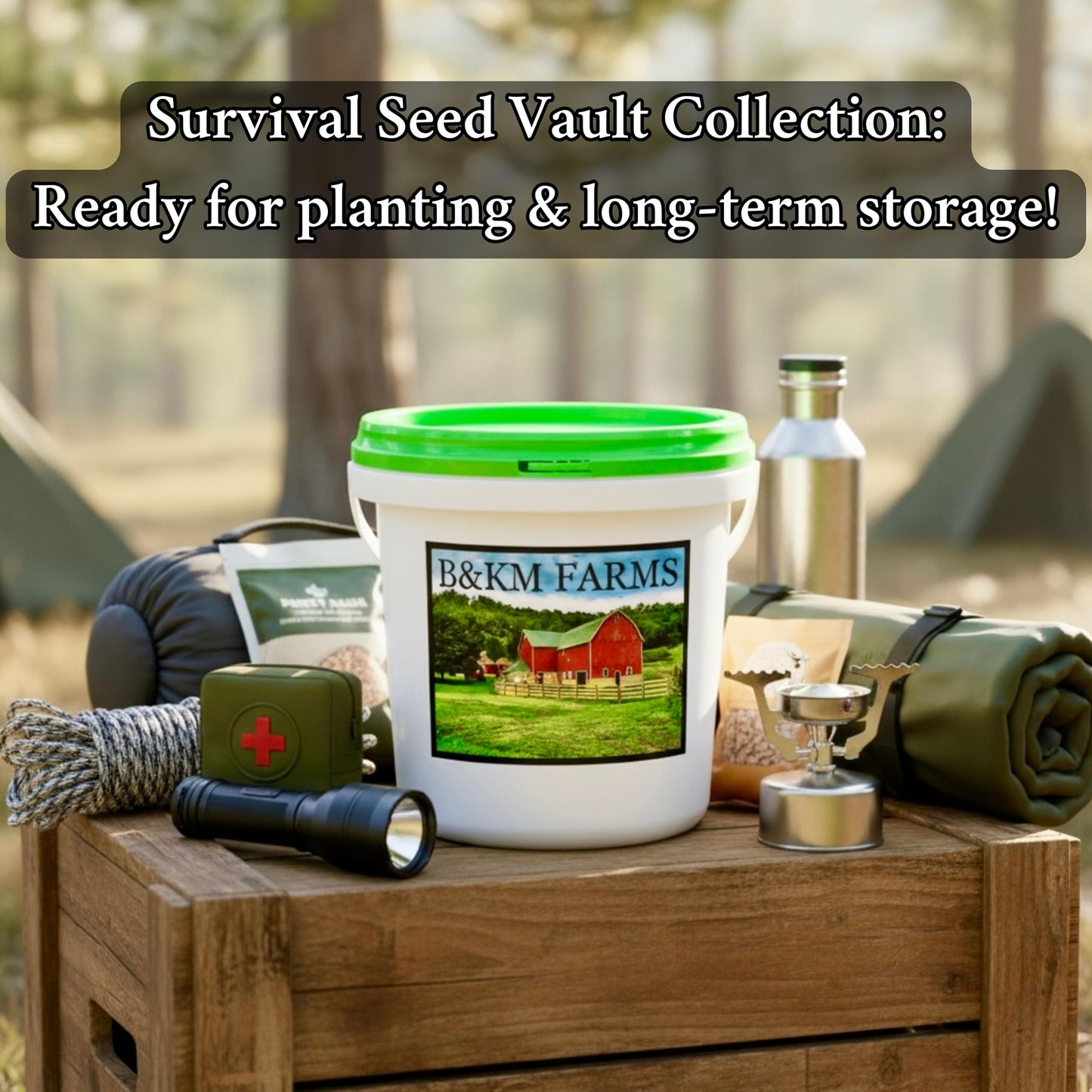 Survival Seed Vault: 50 Varieties, 50,000+ Non-GMO Heirloom Seeds - 5+ Year Supply in Secure Bucket + Growing Guide by B&KM Farms