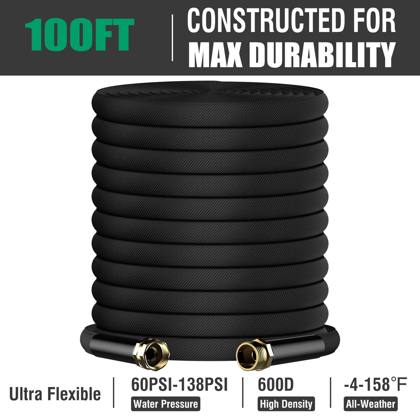 100FT Non-Expandable Garden Hose, Lightweight Flat Water Hose with 10-Function Spray Nozzle, 3/4" Metal Fittings, Kink-Resistant & Easy to Store for Garden, Yard, Car Wash (Black)