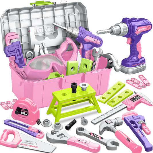 Kids Tool Set with Portable Tool Box & Electronic Toy Drill, Toddler Tool Set, Construction Tools for Kids Ages 3 4 5 6, 46 Pcs Tool kit for Christmas & Birthday Gifts for Girls