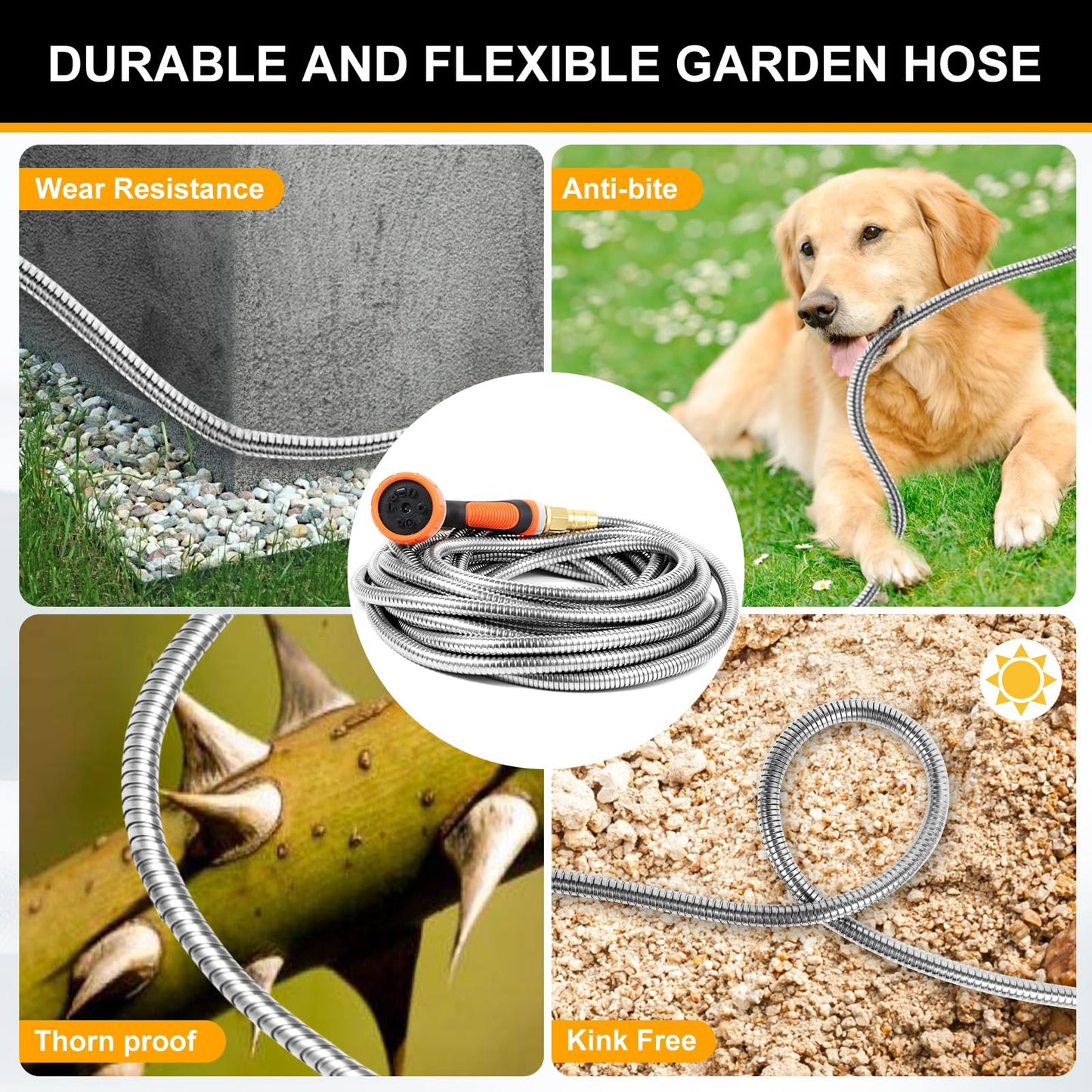 SPRIKIR Metal Garden Hose 100 ft, Stainless Steel Water Hose 100ft with 10 Function Nozzle & 3/4 Copper Fitting, Heavy Duty & Flexible, Kink Free & Lightweight for Yard, Outdoor, Lawn, Patio & Car
