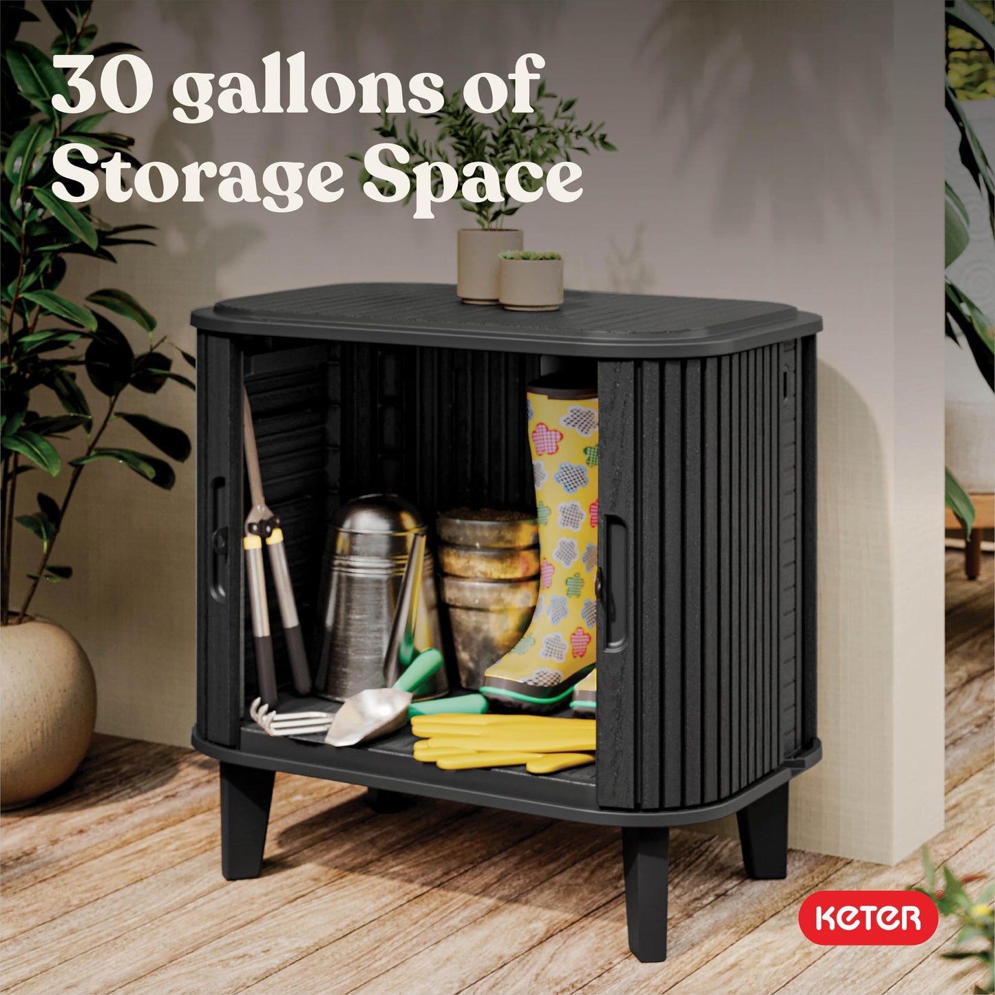 Keter Velo 30 Gallon Outdoor Storage Cabinet, Weather-Resistant Resin Deck Box with Steel Reinforcement, Lockable, Wood-Look Finish, Graphite