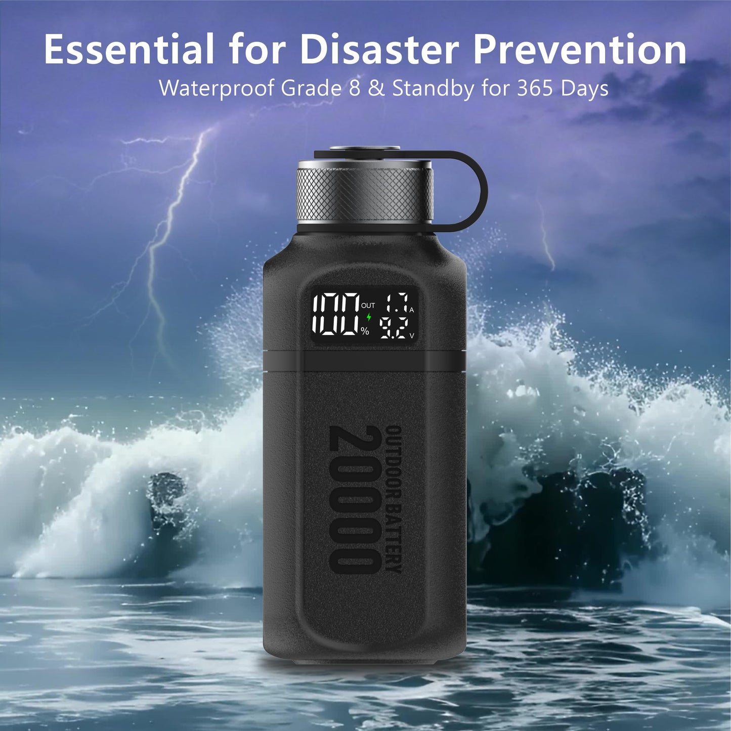aswayke 20,000mAh Rugged Power Bank with Fast Charge USB-C PD, IP68 Waterproof Shockproof, Includes 420lm Bright Camping Lantern, Tactical Outdoor Charger for Hiking Camping Survival Emergency（Black）