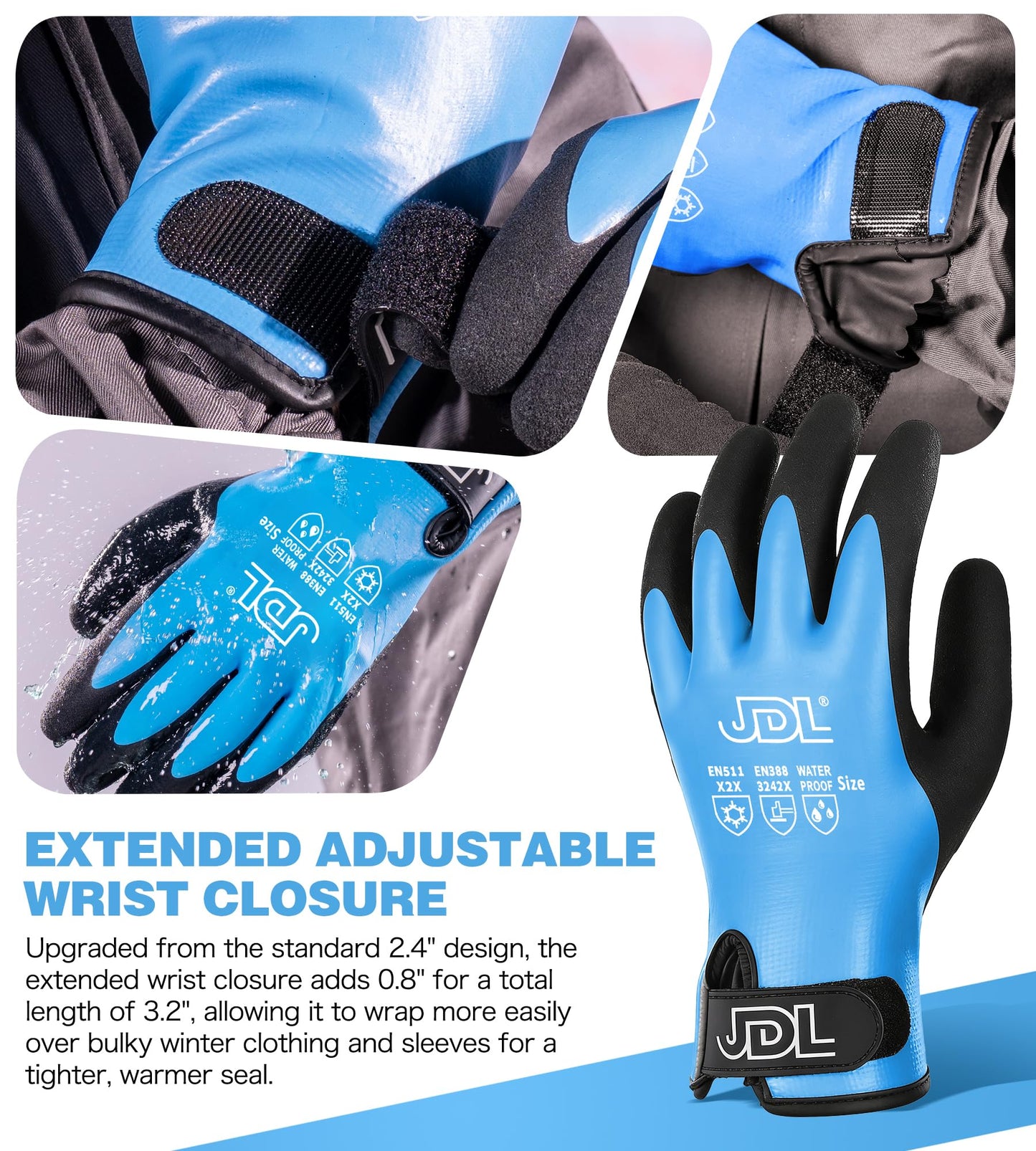JDL 100% Waterproof Winter Work Gloves for Men & Women, Thermal Insulated Freezer Gloves for Cold Weather, Super Grip Palm, Blue, XX-Large