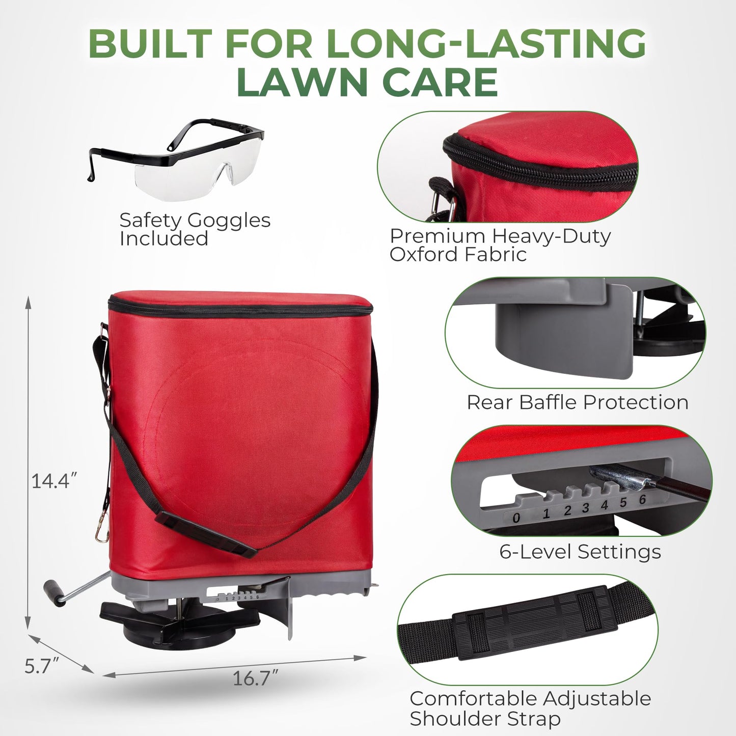 Walensee 25lb Handheld Bag Seed Spreader with Enclosed Metal Gears, Rear Baffle, Adjustable Flow Control, Durable Oxford Bag, Shoulder Strap, for Grass Seed and Fertilizer, Red