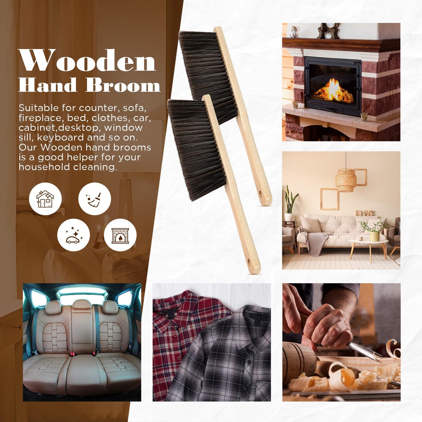 Tioncy 24 Pieces Wooden Dust Brush Bulk Hand Broom Bench Soft Bristle Cleaning Outdoor Furniture Brushes with Long Wood Handle for Cleaning Car Bed Sofa Fireplace Couch Clothes