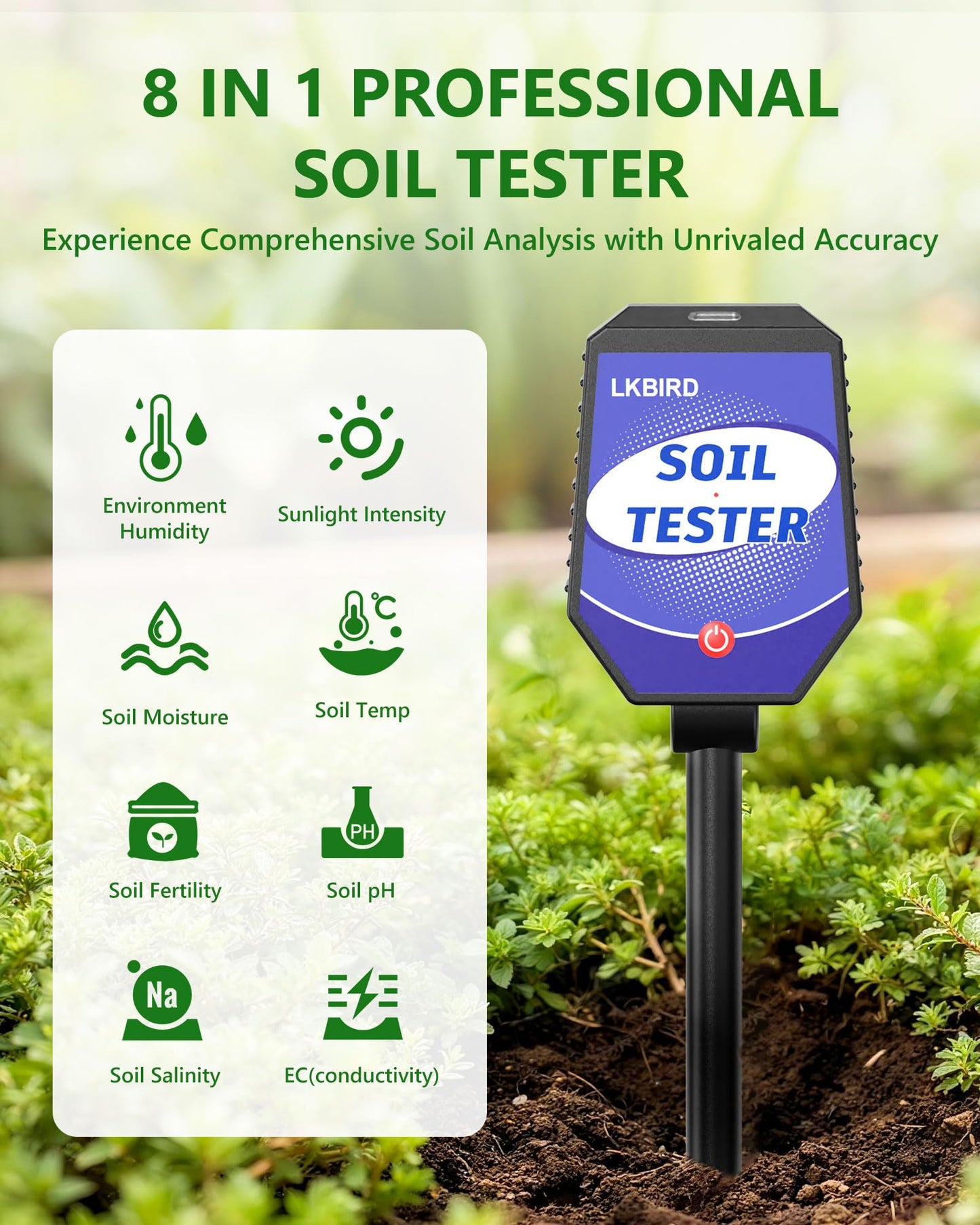 8-in-1 Soil Moisture Tester with APP Monitoring, Soil Moisture pH Meter, Light, Salinity, Fertility, EC, Temperature, Humidity Soil Test Kit for Garden, Farming, Lawns, Indoor & Outdoor Plants.
