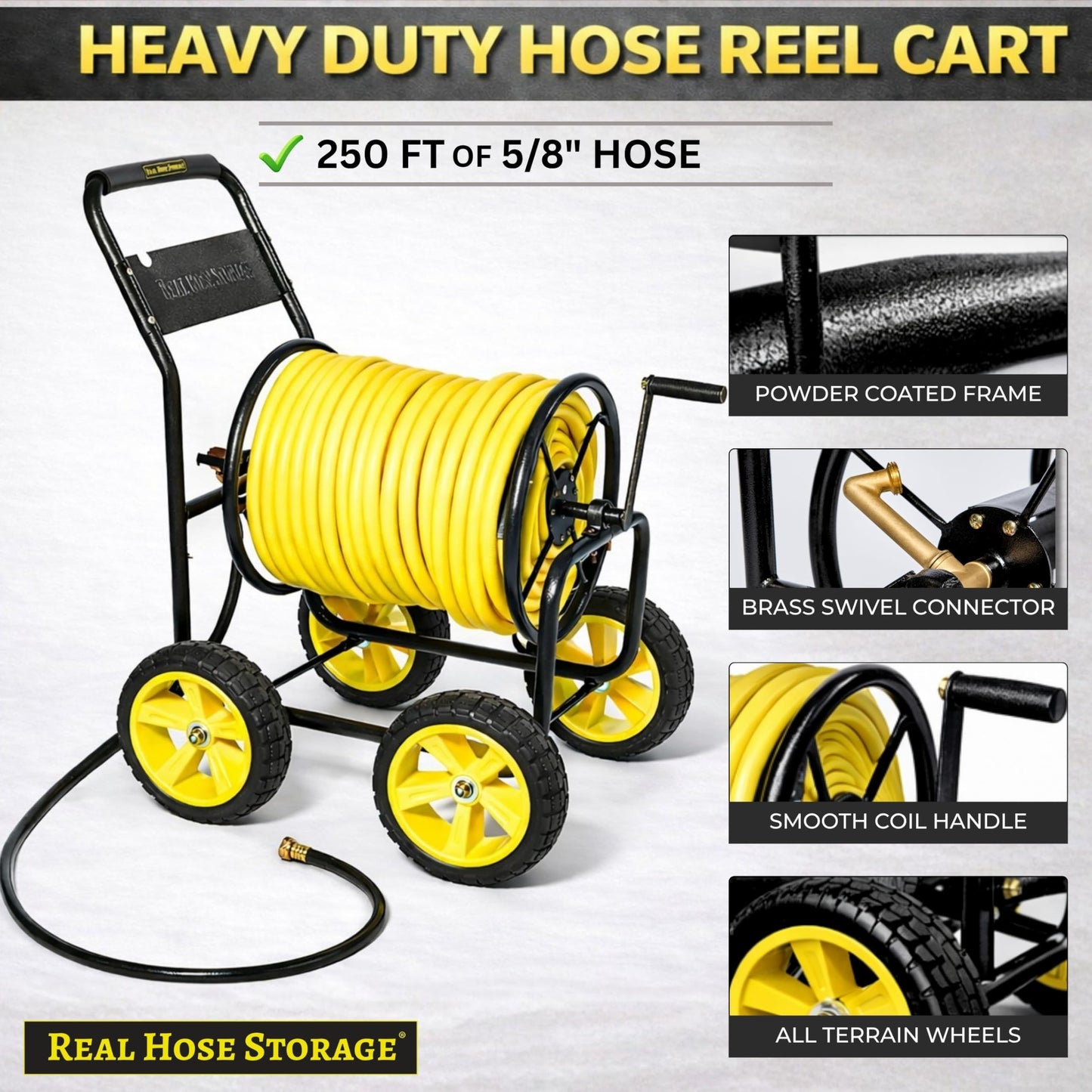 Real Hose Storage Garden Hose Reel Cart, Heavy Duty Hose Reel with Wheels, Outdoor Water Hose Reel for Backyard, Garden, or Lawn, Metal Hose Carts (250ft Hose Capacity)