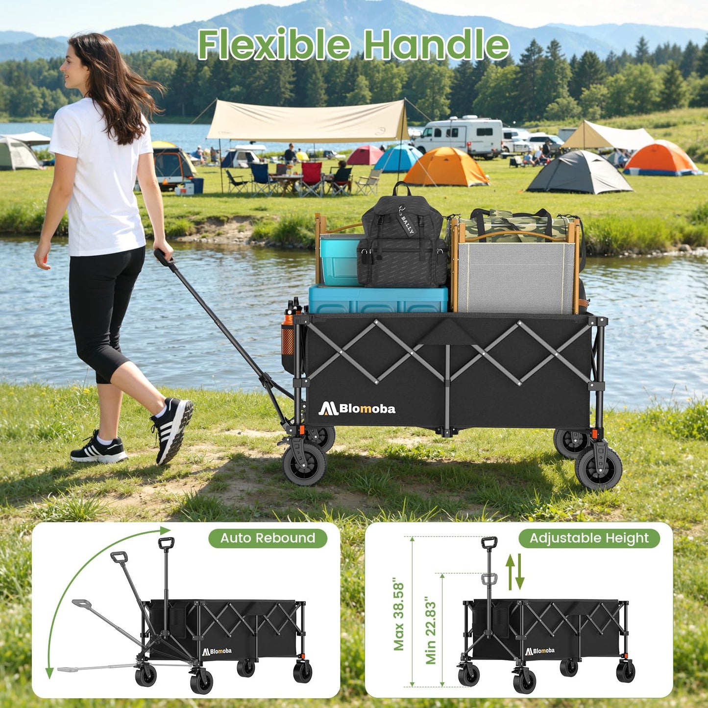 Blomoba Collapsible Wagon Cart, 330LBS Heavy Duty Folding Cart with Wheels 360° Rotation, Built-in Brakes, Flexible Handle, Portable Utility Wagon for Grocery Sports Garden Shopping Camping