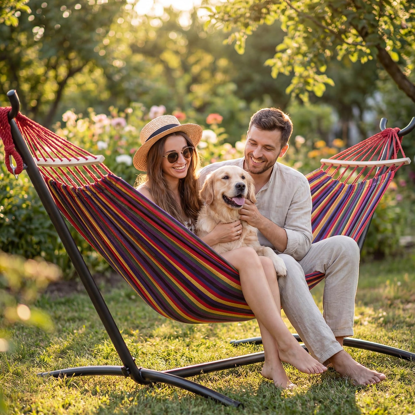 EveryFun Double Hammock with Heavy-Duty Steel Stand,Portable,Easy Assembly,600lbs Weight Capacity,Perfect for Indoor,Yard,Camping,or Outdoor-Rainbow
