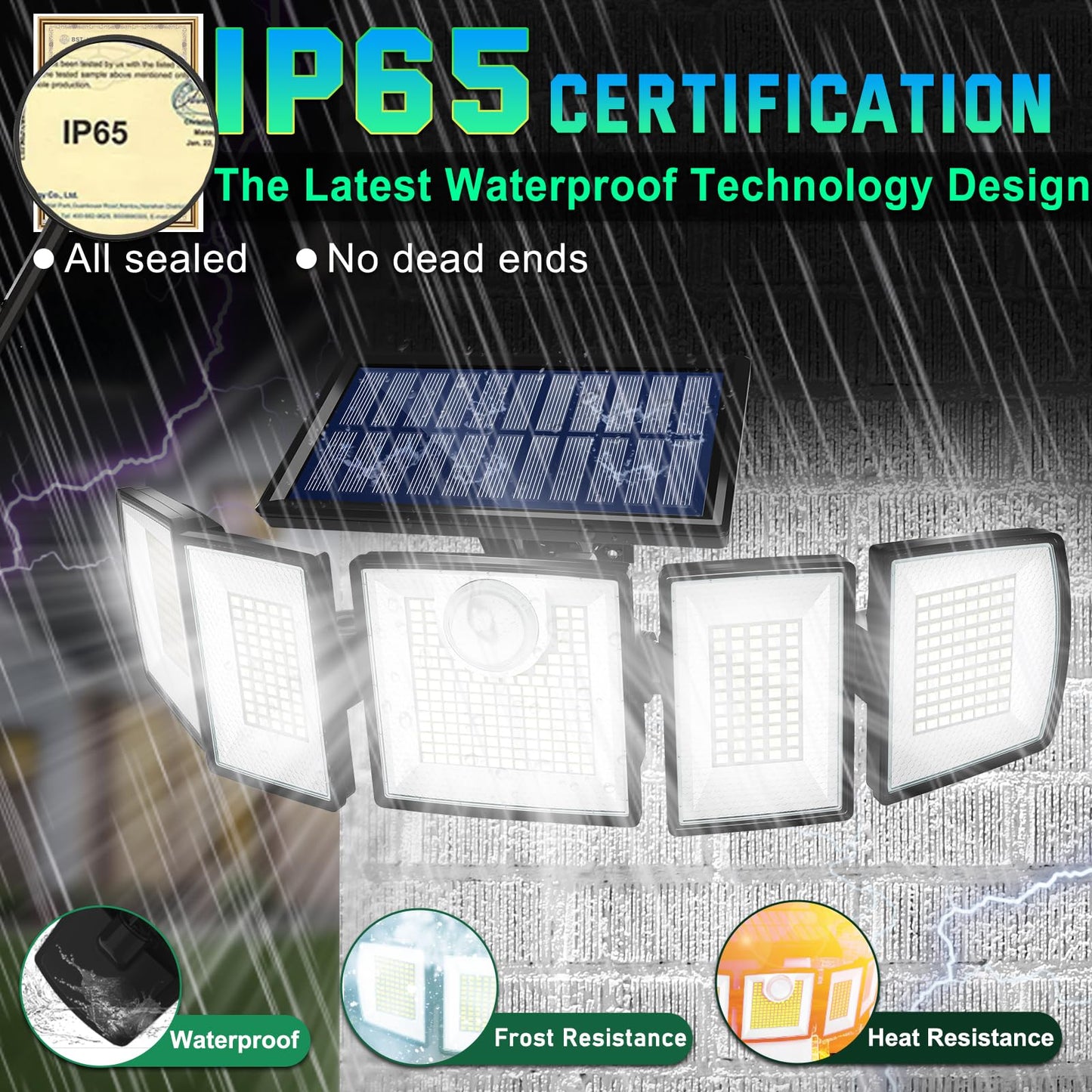 MDCMDCM Solar Lights Outdoor Waterproof Motion Sensor - 416 LEDs 3000 Lumens Super Bright 3 Brightness 3 Modes 2400mAh 360° Illumination 32ft Solar Flood Security Light for Outside (with Stakes, 1)