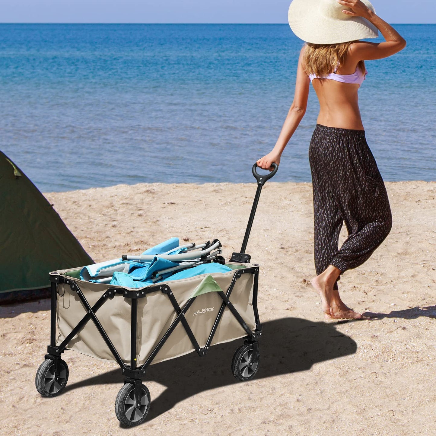 HAUSHOF Heavy Duty Collapsible Wagon, Folding Outdoor Utility Wagon, Camping Garden Beach Cart with Universal Quick Release Wheels, Adjustable Handle, 2 Cup Holders, 176 lbs Load Capacity, Green