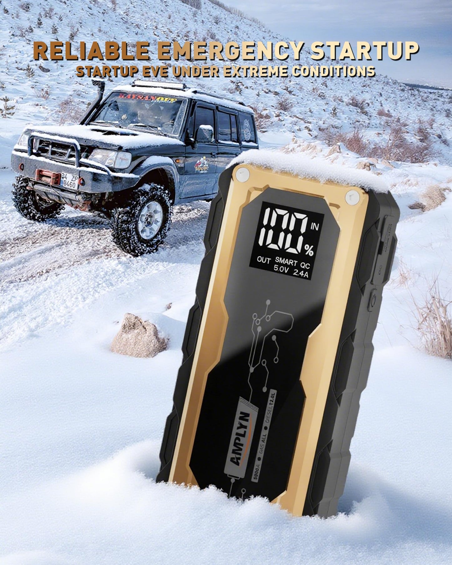 Amplyn Car Jump Starter with 65W Quick Charger 24000mAh Battery Pack,12V Car Battery Jumper Starter Portable,LED Display,All Gas 12L Diesel Engine Booster,Jump Box with LED Light,Jump Cable