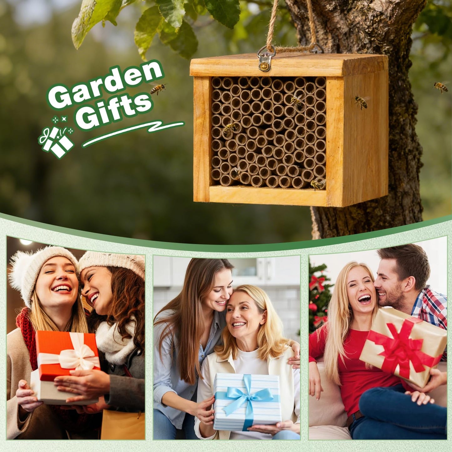 Mason Bee House - Wax Coated Bee Hotel for the Garden, Natural Handmade Wooden Insect Hotel, Mason Bee Home for Outdoors, Attracts Peaceful Bee Pollinators to Your Garden
