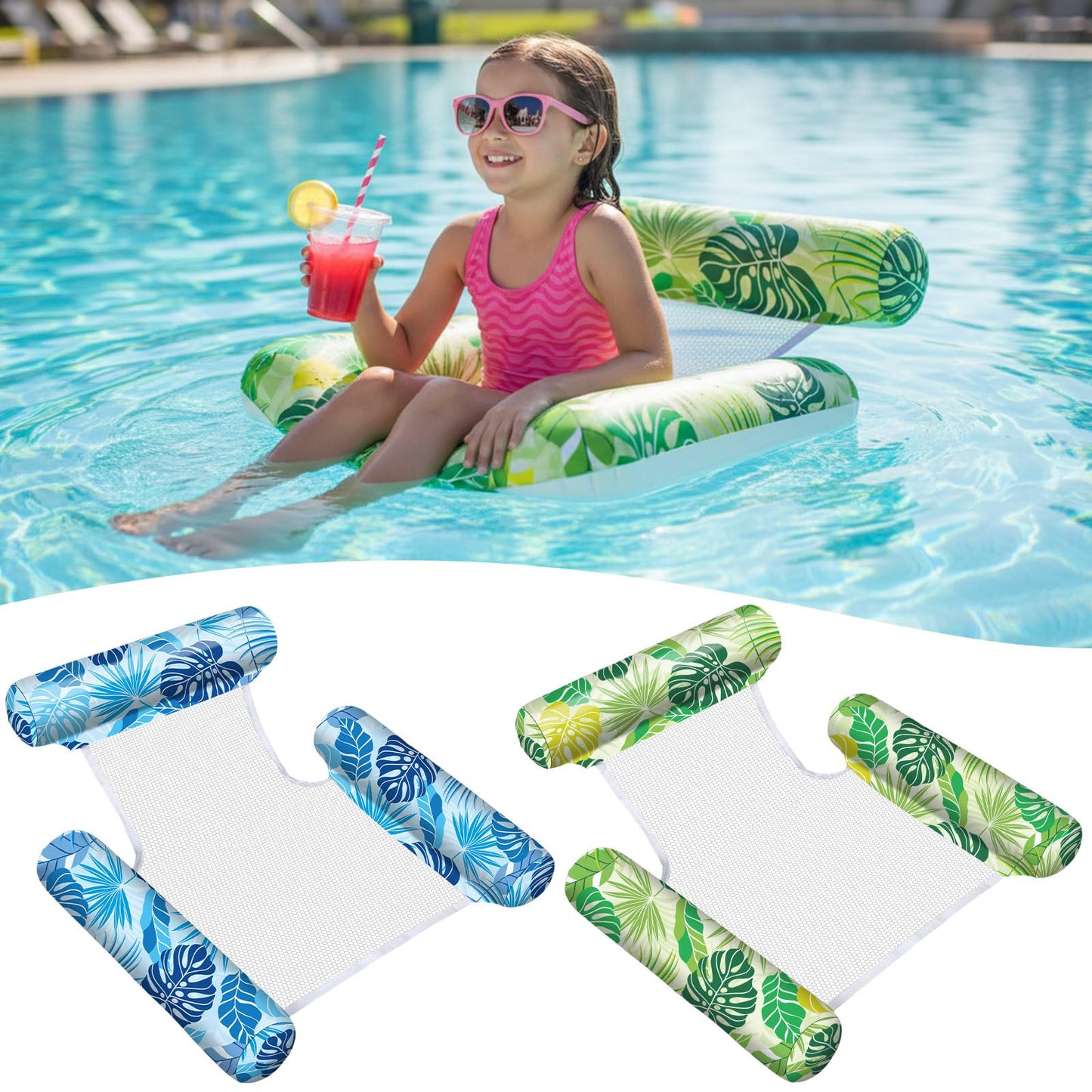 Soulchen 2 Packs Inflatable Pool Floats Kids Floating Lounge Chairs Floaties Water Hammock Inflatable Pool Toys Kids Blow Pools Noodle for Summer Beach Party Game Vacation Essential (Blue,Green)