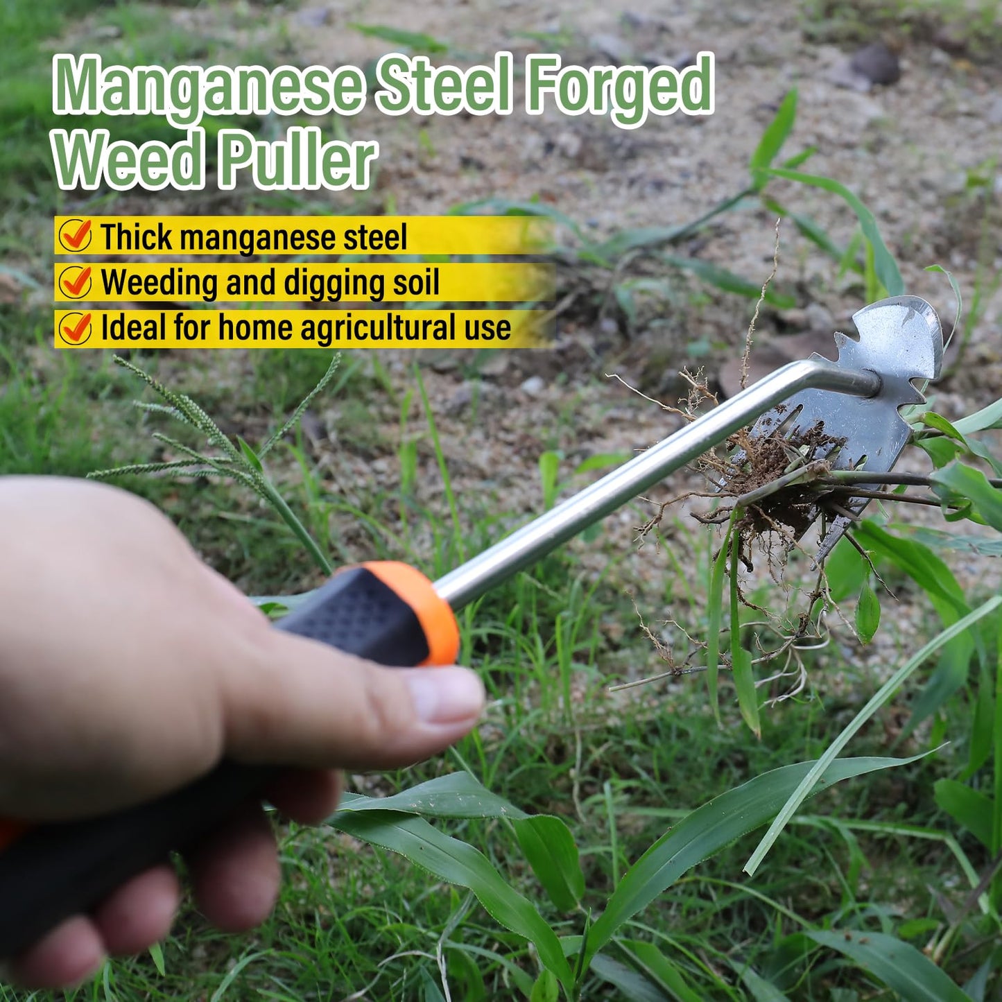 Weed Removal Tool, New Garden Weeding Tools Manganese Steel Hand Weeder Tool with Handle, 5 Teethes Dual Purpose Manual Weeders Tool Weed Tool for Garden (Rubber Handle)