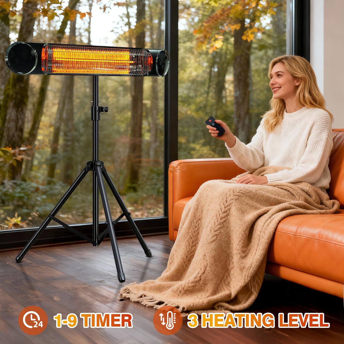 Outdoor Electric Heater, Infrared Patio Heater for Outdoor/Indoor Use, Wall Mounted/Freestanding Infrared Heater Outdoor, 1500W Electric Patio Heater with Tripod, MATT BLACK