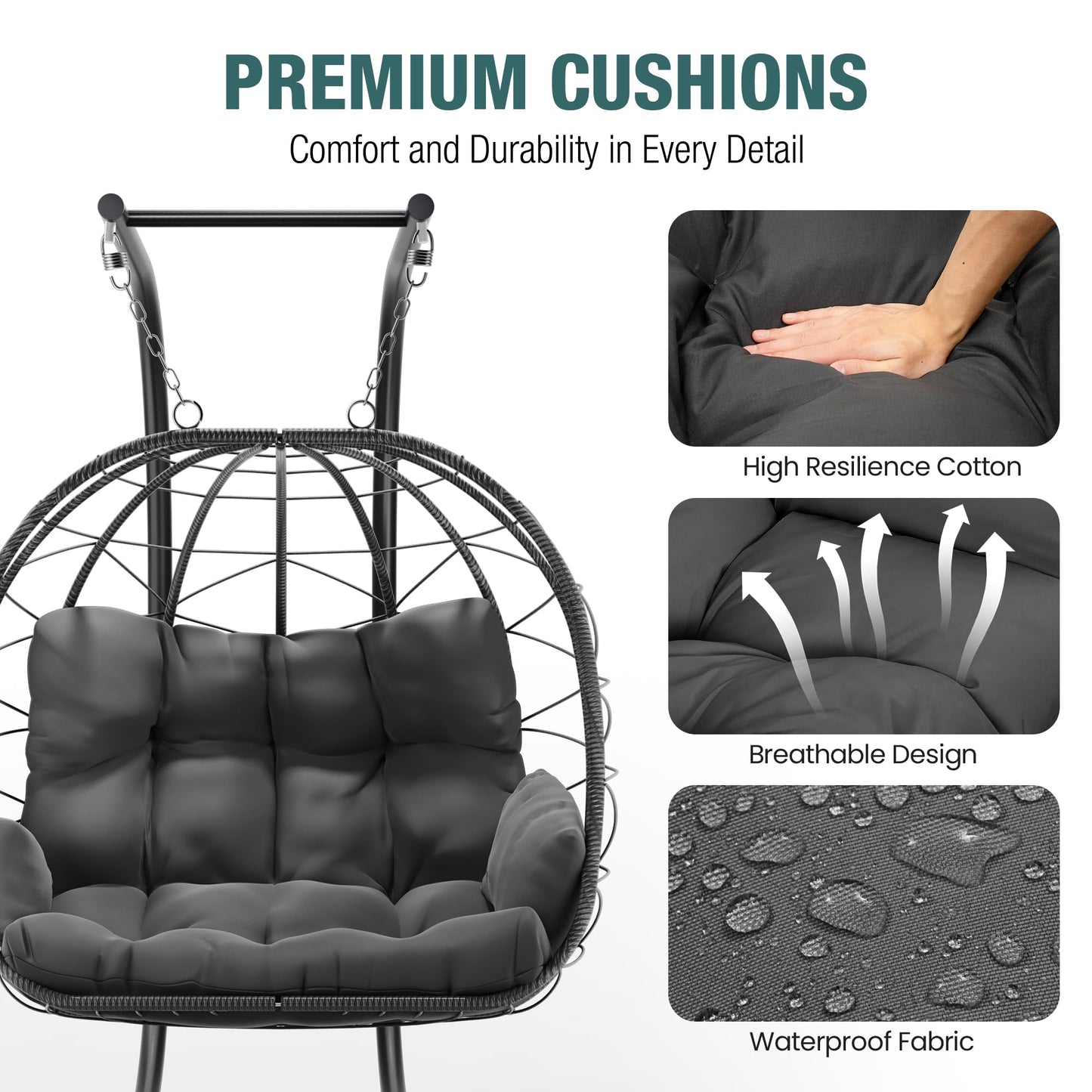Pamapic Double Egg Chair wth Stand, 700 LBS Loveseat Rattan Swing Chair, UV Resistant Cushions with Armrests and Headrest, Thick Steel Frame Hammock Swing for Outdoor, Patio, Indoor(Grey)