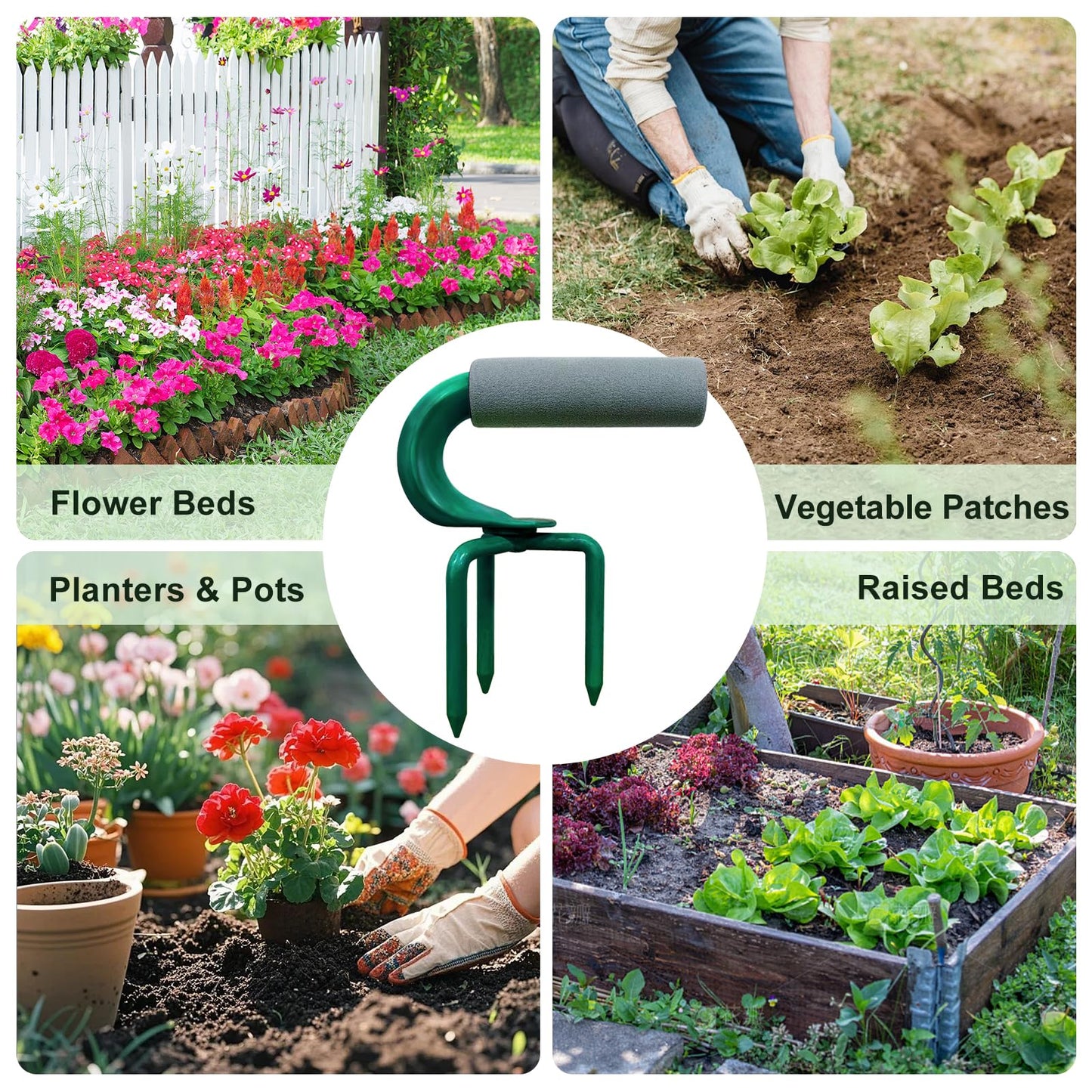 Hand Tiller - Small Garden Claw Hand Cultivator with 3 Metal Prongs for Weeding & Aerating Soil, Yard Soil Loosener Tool for Pots, Raised Beds, Vegetable Patches (Dark Green)