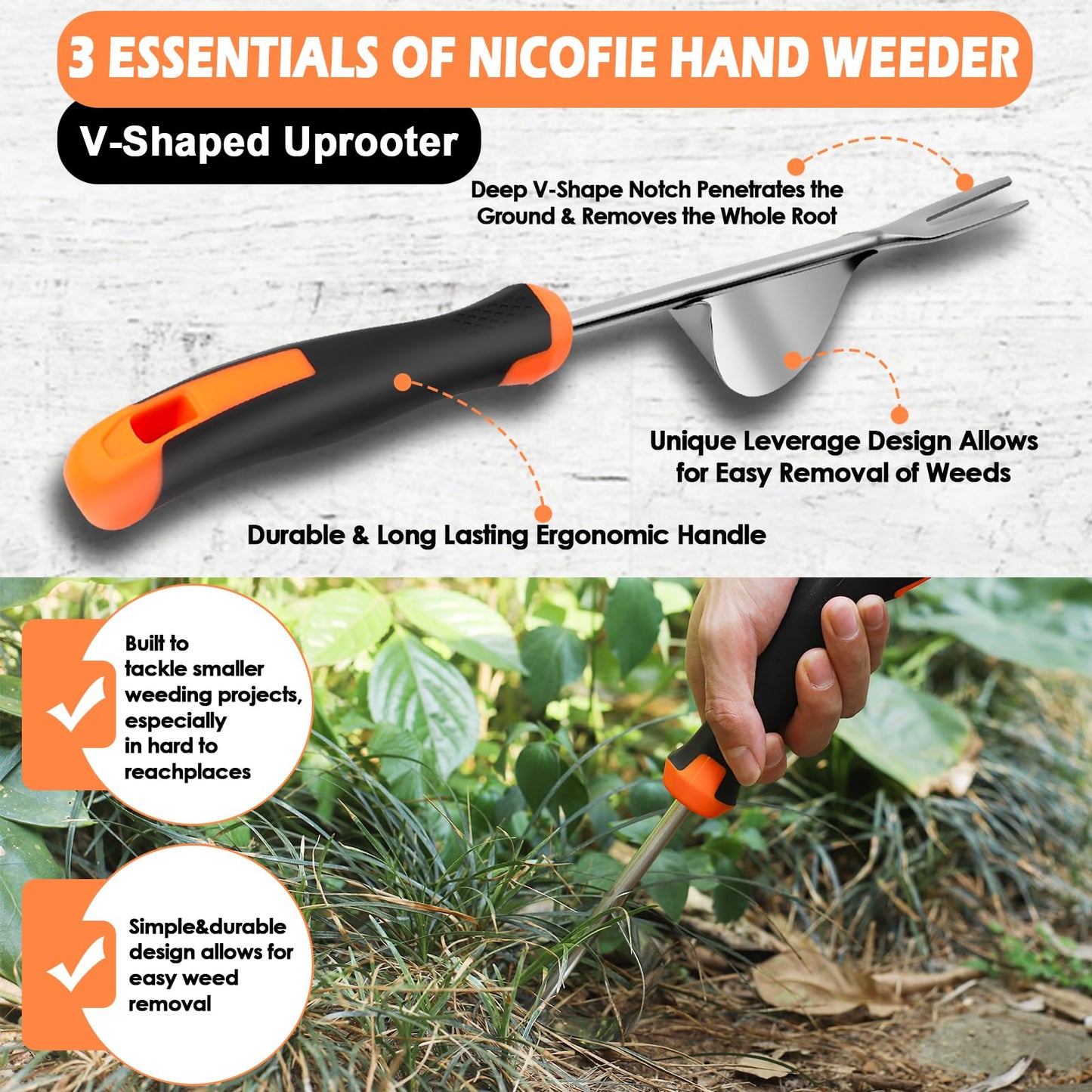 Nicofie 2026 Hand Weeder Tool, Rubber Handle Manual Weeder Puller Tool, Uprooting Weeding Tools, Crack Weeder Crevice, 4 Teeth Weeding Tool, Weeding Artifact Tool for Gardening(3 Pcs)