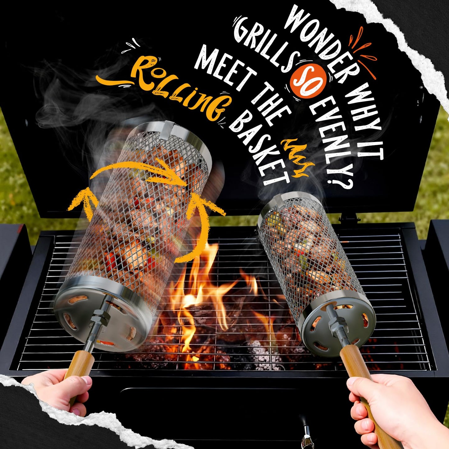 Basinel Rolling Grill Basket 2-Pack,304 Stainless Steel Grill Basket with Removable Wooden Handle,BBQ Tool & Smoker Accessory for Veg & Shrimp,Ideal for Outdoor Cooking,Camping & Gifts for Dad/Husband/Men