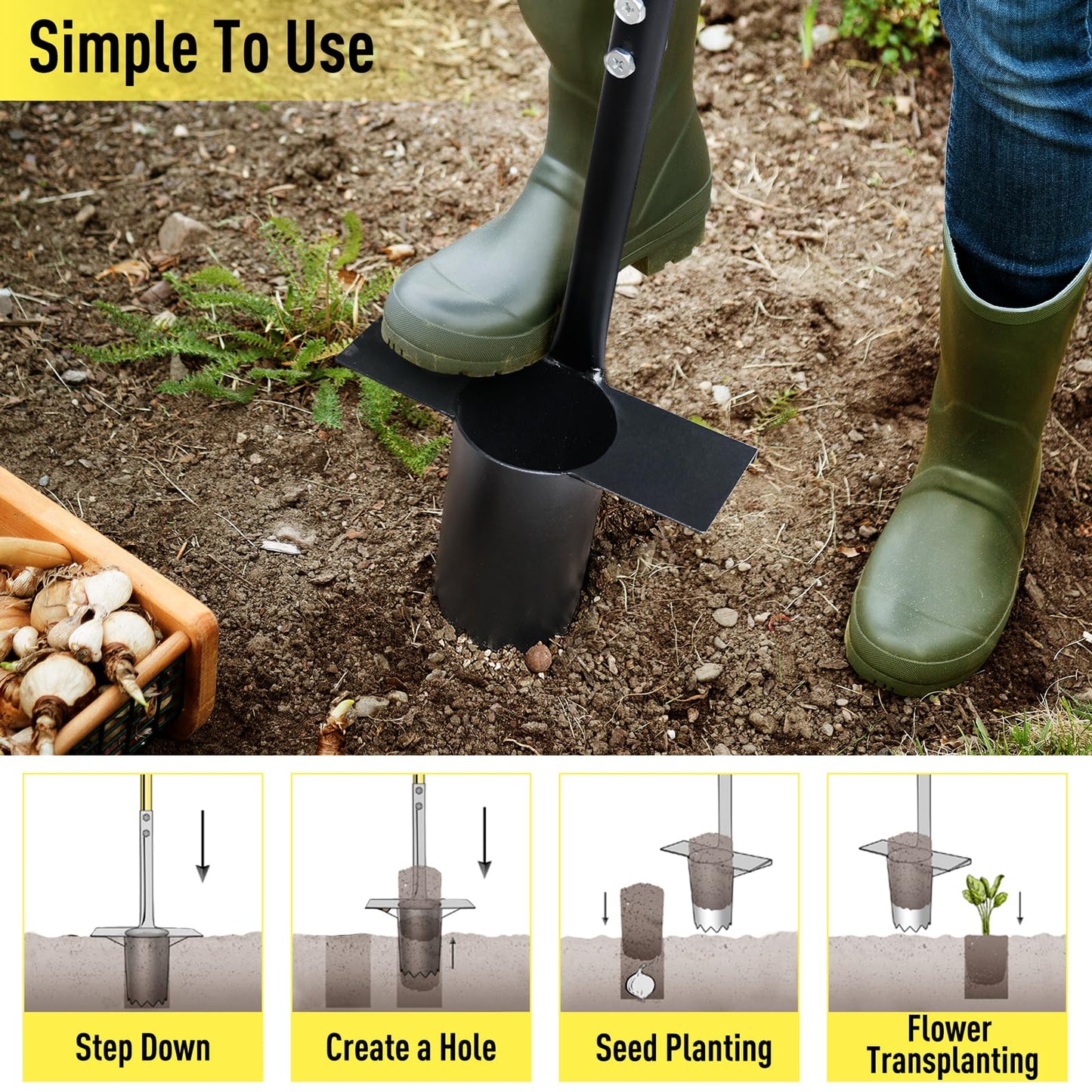 Jardineer 2PCS Bulb Planter Tools Set, Long Handle Garden Transplanter and Small Bulb Planting Tool with Deep Marker, Ideal for Planting Bulbs, Seedlings, Flowers & Vegetables