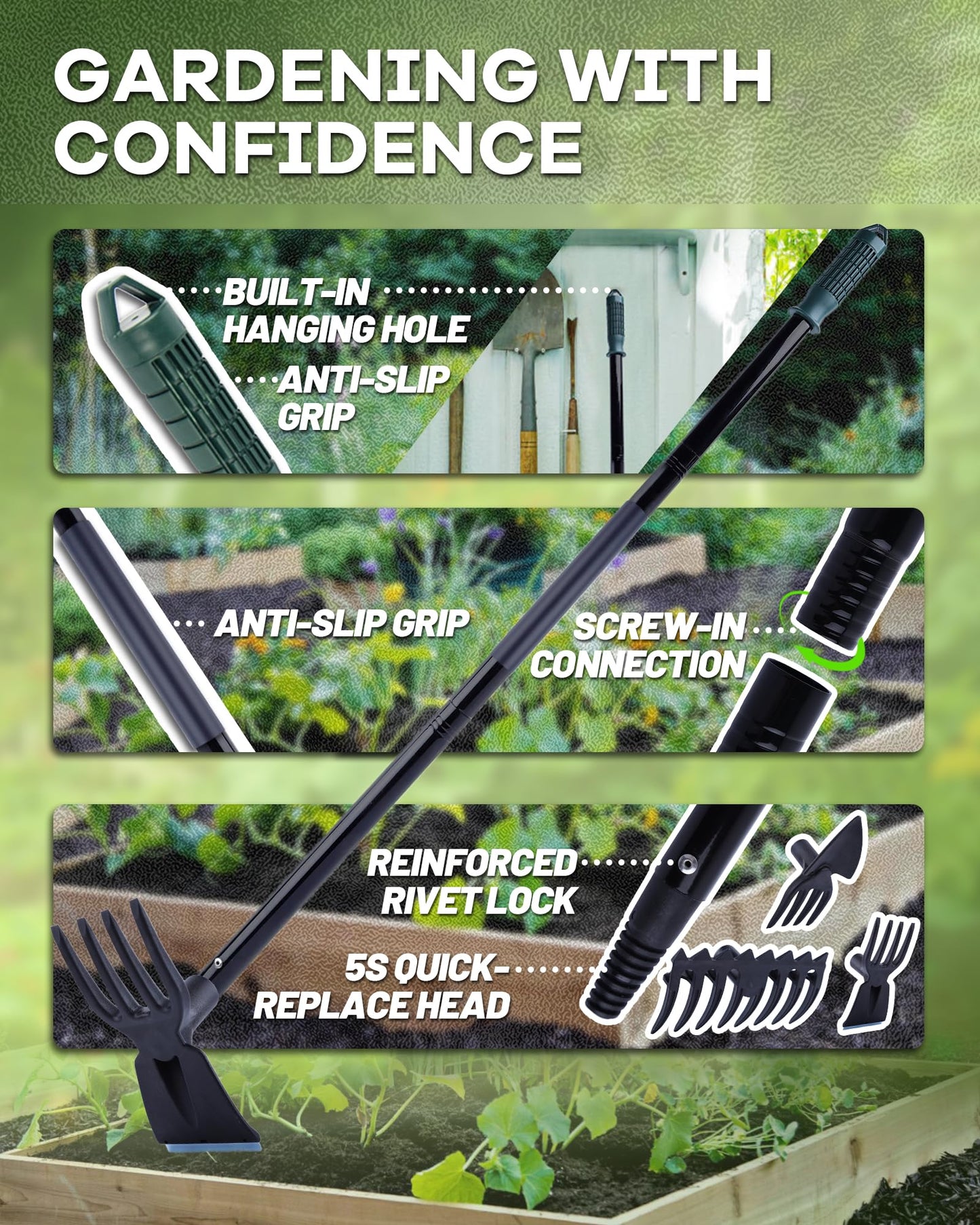 HIPULX 5-in-1 Garden Hoe - Adjustable 37" to 50" Handle, 5 Tool Heads, Heavy-Duty Weeding, Cultivating, and Raking Tool for Gardening, Camping, and Outdoor Use