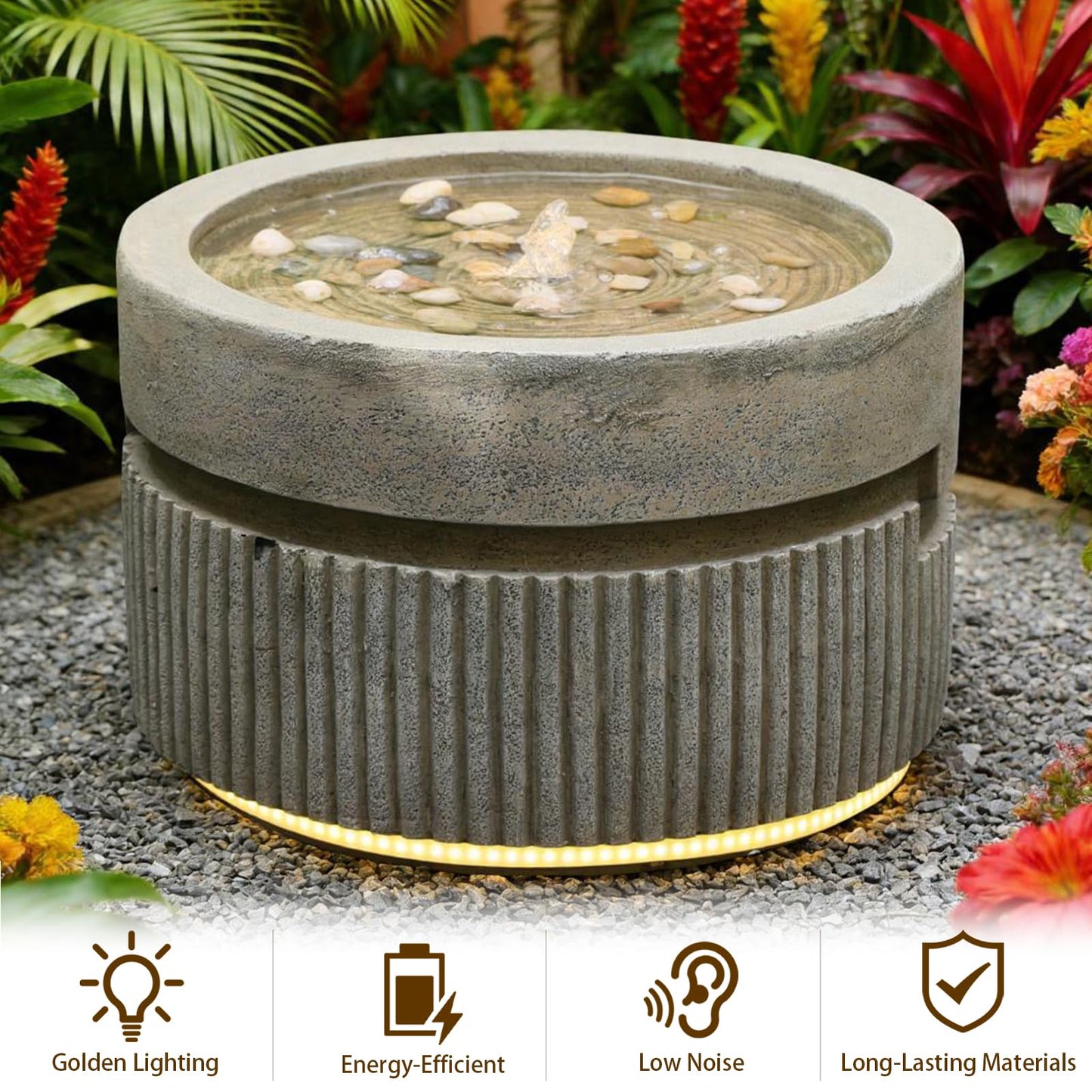 Sunlinua Small Modern Outdoor Water Fountain with Led Lights Tiered Cascading Waterfall Feature with Quiet Pump Floor Water Fountain for Patio Garden Backyard Decking Home and Indoor Décor Brown