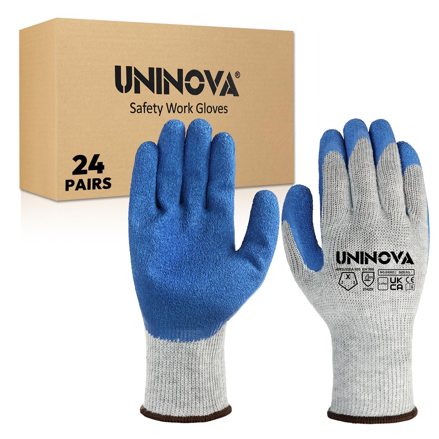 UNINOVA Work Gloves, Crinkle Rubber Latex Palm Coating, Safety Work Gloves with Grip, Non-slip Bulk for Men Women, Construction Warehouse General Handling(X-Large,24Pairs)