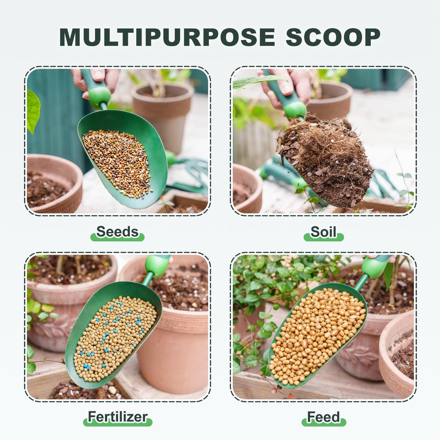 Owlett Garden Scoop, 13" Soil Scoop with Ergonomic Rubber Handle, Carbon Steel Potting Shovel Big Volume Gardening Spoon for Transplanting, Digging, Cultivation, Composting, Planting