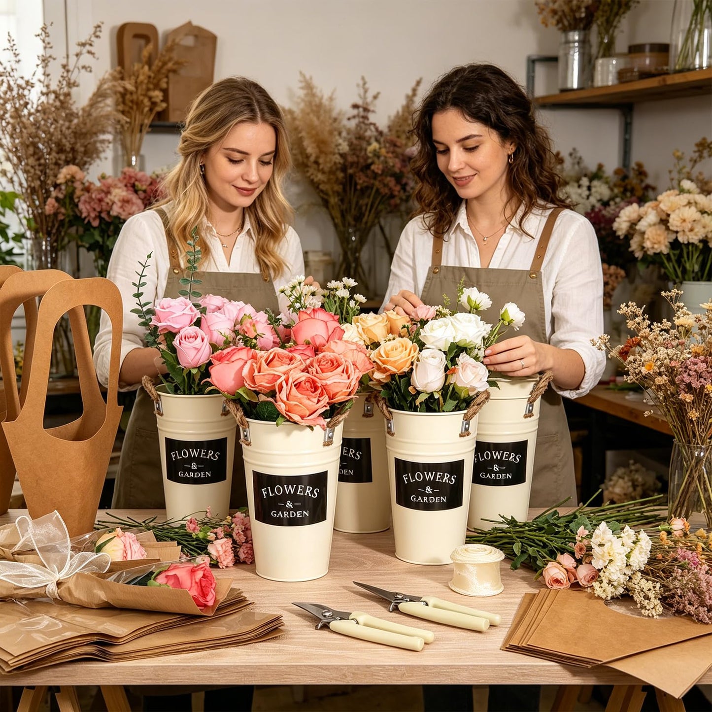 48 Pcs Floral Bar Bucket Set - Bloom Bar Supplies,6Pack White Flower Bucket Flower Packaging Gift Bags & Garden Shears for Valentine's Day, Weddings, and Bridal Party Centerpiece Decorations