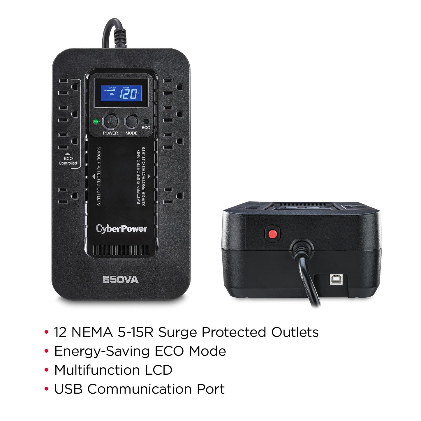 CyberPower EC650LCD Ecologic UPS Battery Backup and Surge Protector, 650VA/390W, 8 Outlets, ECO Mode, Compact, UL Certified
