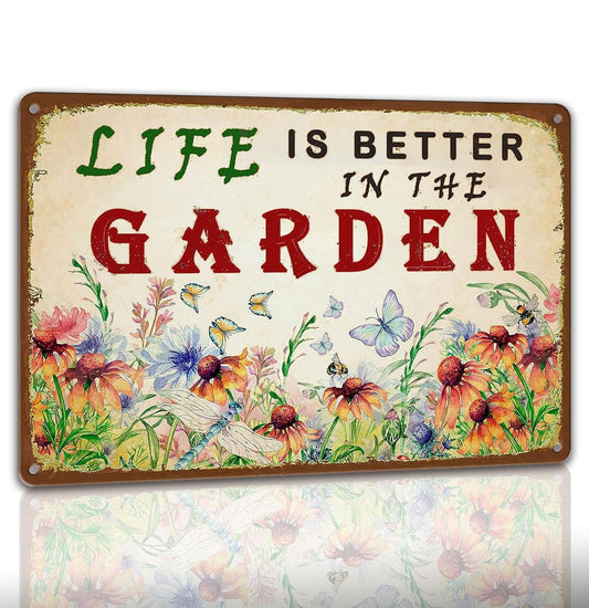 Garden Sign Vintage Gardening Metal Sign Life Is Better In The Garden Rustic Decor Funny Outdoor Gardening Metal Signs Botanical Wall Decorative 8×12 Inch