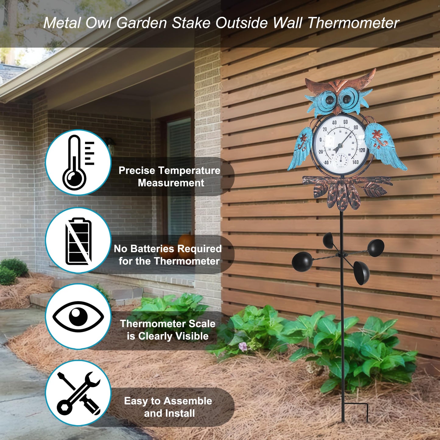 Senflame Outdoor Thermometer for Patio - Owl Garden Stake Thermometer with Wind Spinner Design - 60 inch Outside Temperature Gauge for Yard - Easy to Read, Durable & Weatherproof - Garden Decor
