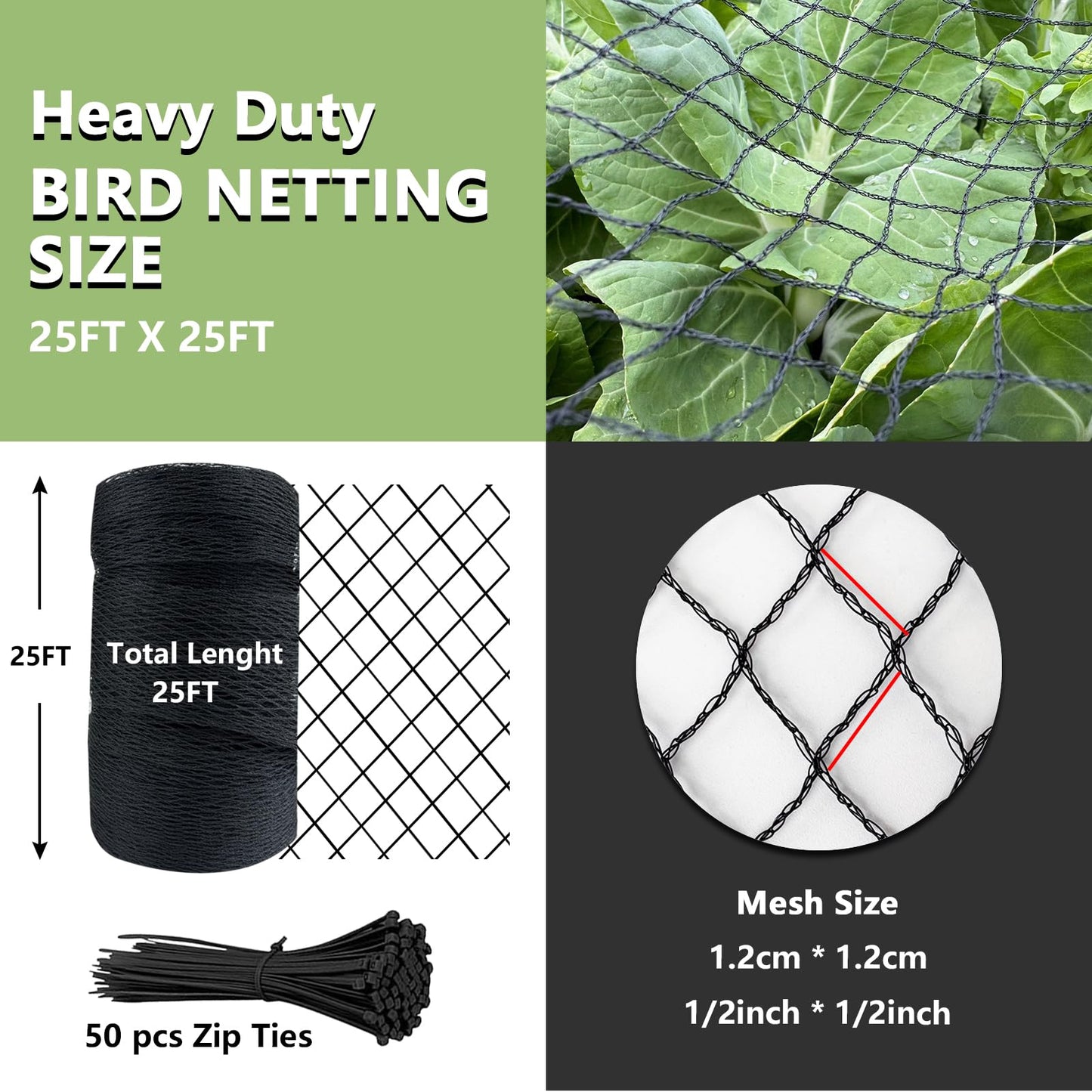 Bird Netting for Garden 25 x 25 FT Heavy Duty Black Garden Netting for Fruit Trees, Chicken Coop, Pond, Blueberry Bushes, Poultry & Deer Netting, HDPE Plant Protection Net Fence with Ties