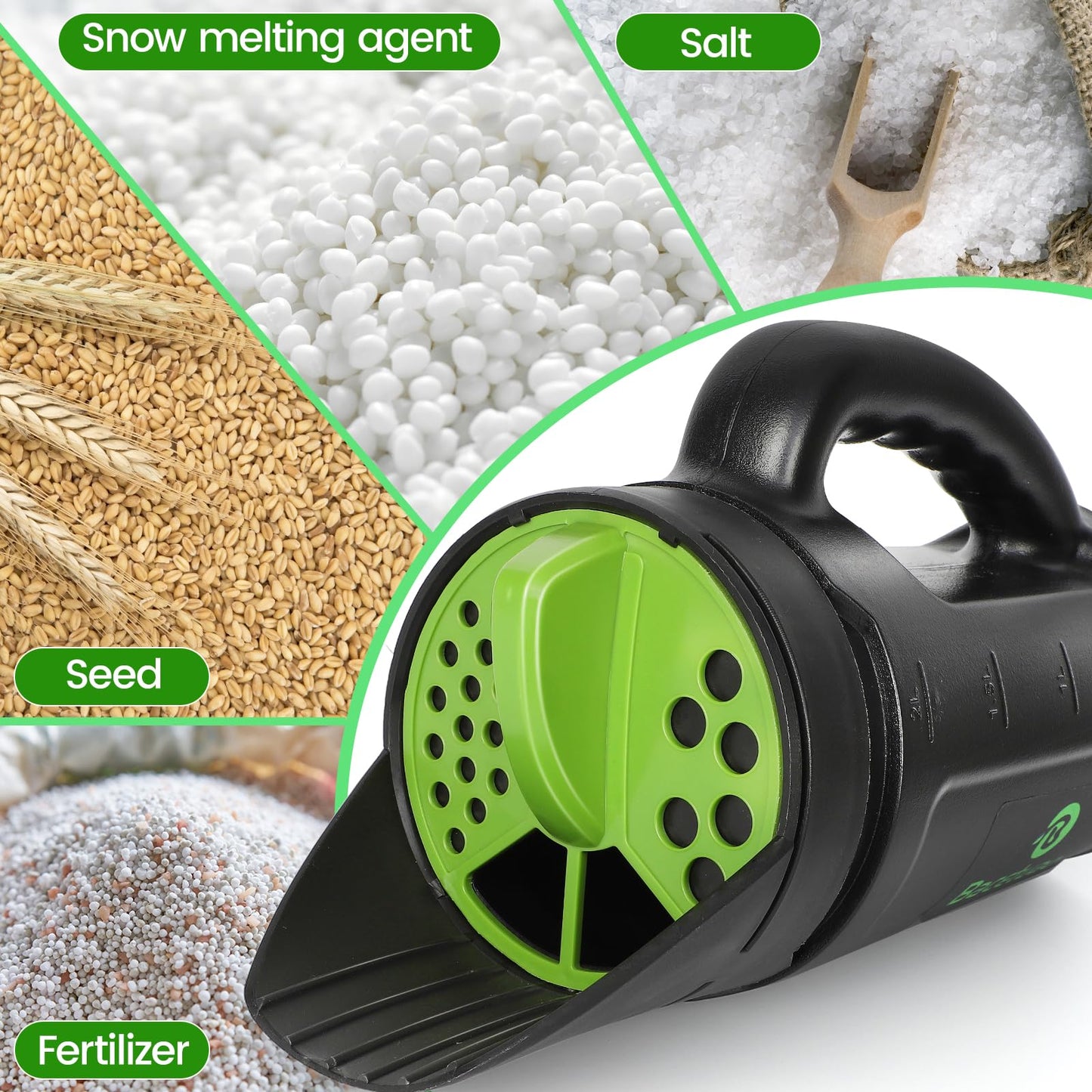 Bacetuao Hand Spreader Shaker, Multiple Adjustable Opening Sizes for All Purpose for Grass Seed, Fertilizer & Earth Food, Snow Salt, Ice and Snow Melt - Up to 80 Oz