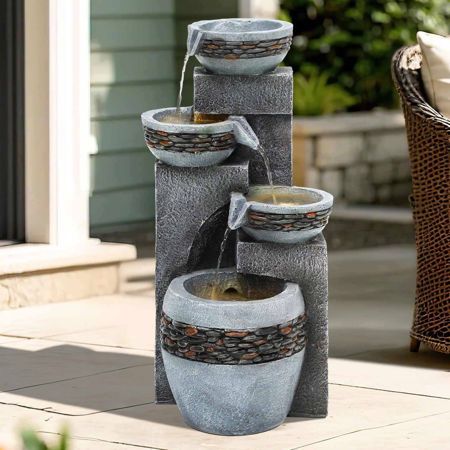 Autodaya 19.5" Tall 4-Tier Pedestal Outdoor Water Fountain with LED Lights and Pump, Relaxing Garden Fountain Waterfall for Patio, Porch, or Yard