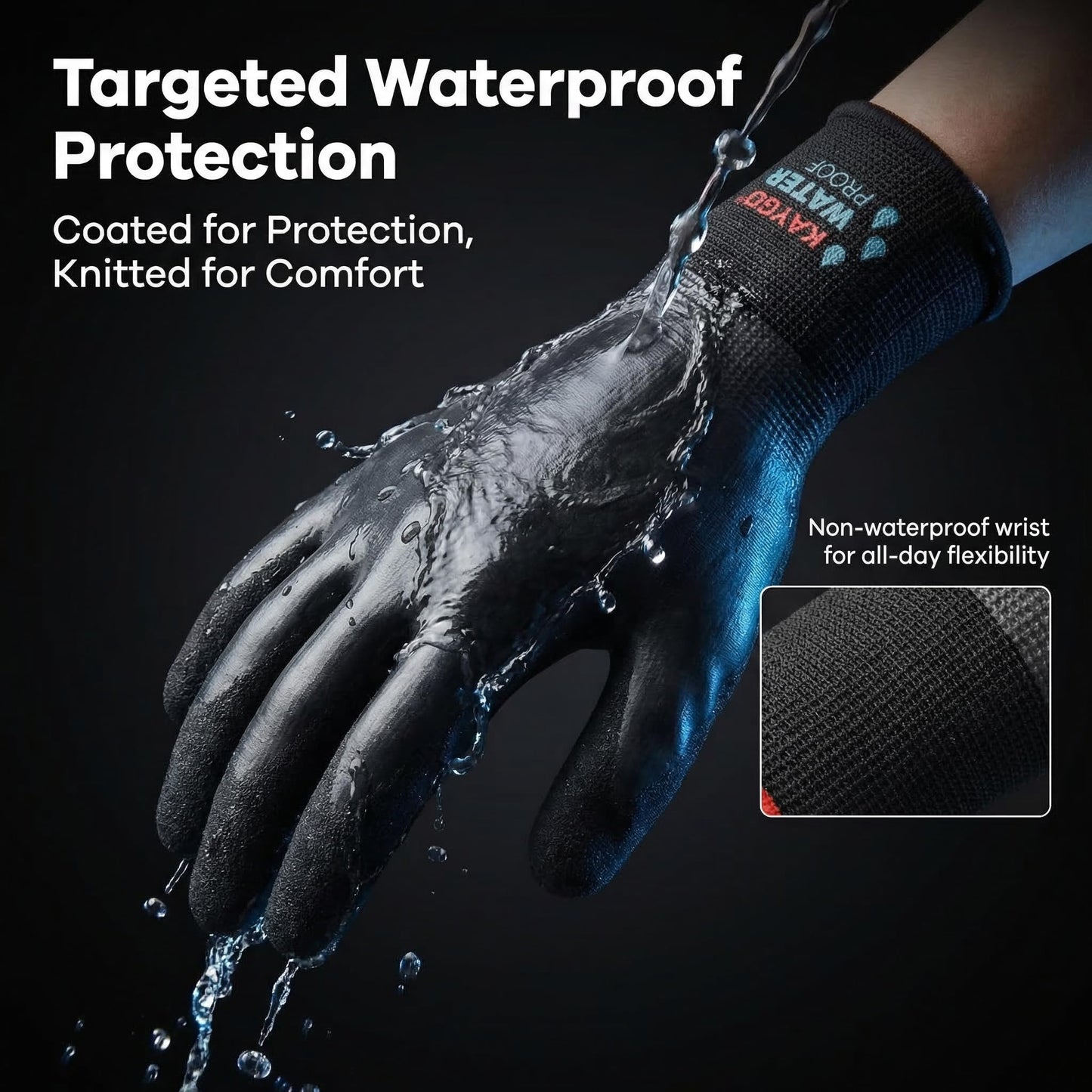 KAYGO Waterproof Work Gloves for Men and Women, Rubber Coated Non-slip Working Gloves for Garden, Outdoor Construction,KG150,Black,L