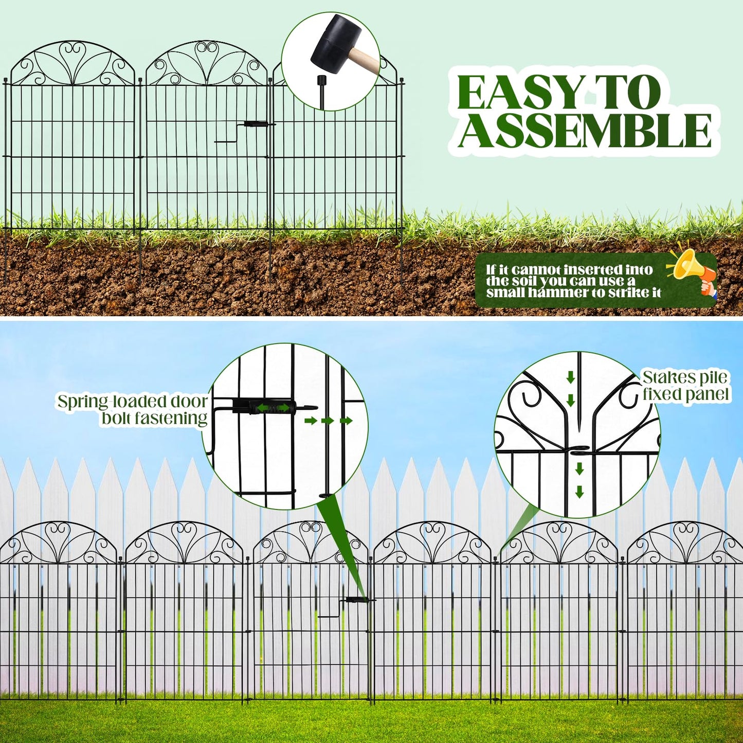 12 Panels No Dig Garden Fence with Gate, 32" H x 22.4ft, Decorative Metal Animal Barrier Dog Fence Outdoor for Yard, Walk-Through Iron Fencing for Flower Bed, Patio & Lawn