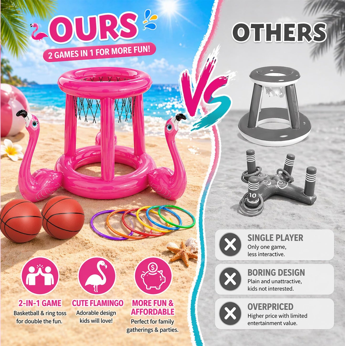 H-Style Pool Toys Pool Floats Pool Games for Kids Adult, Inflatable Pool Basketball Hoop & Ring Toss Game, 2-in-1 Pool Floating Outdoor Party Water Toy for Adults Family Kids Ages 4-8-12 (Pink-1)