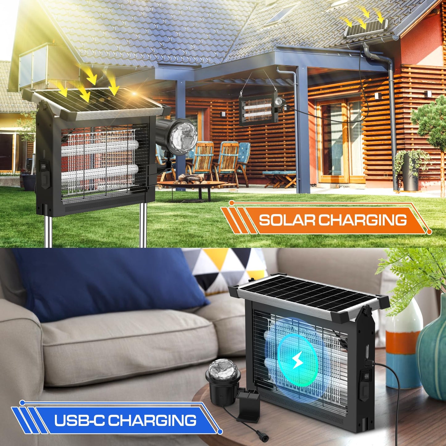 Solar Bug Zapper Outdoor with Projector Lights, 4500V Waterproof Mosquito Zapper, Dual Solar & USB Rechargeable, Smart Dusk to Dawn, Cordless Insect Killer for Patio, Garden, Backyard, Camping