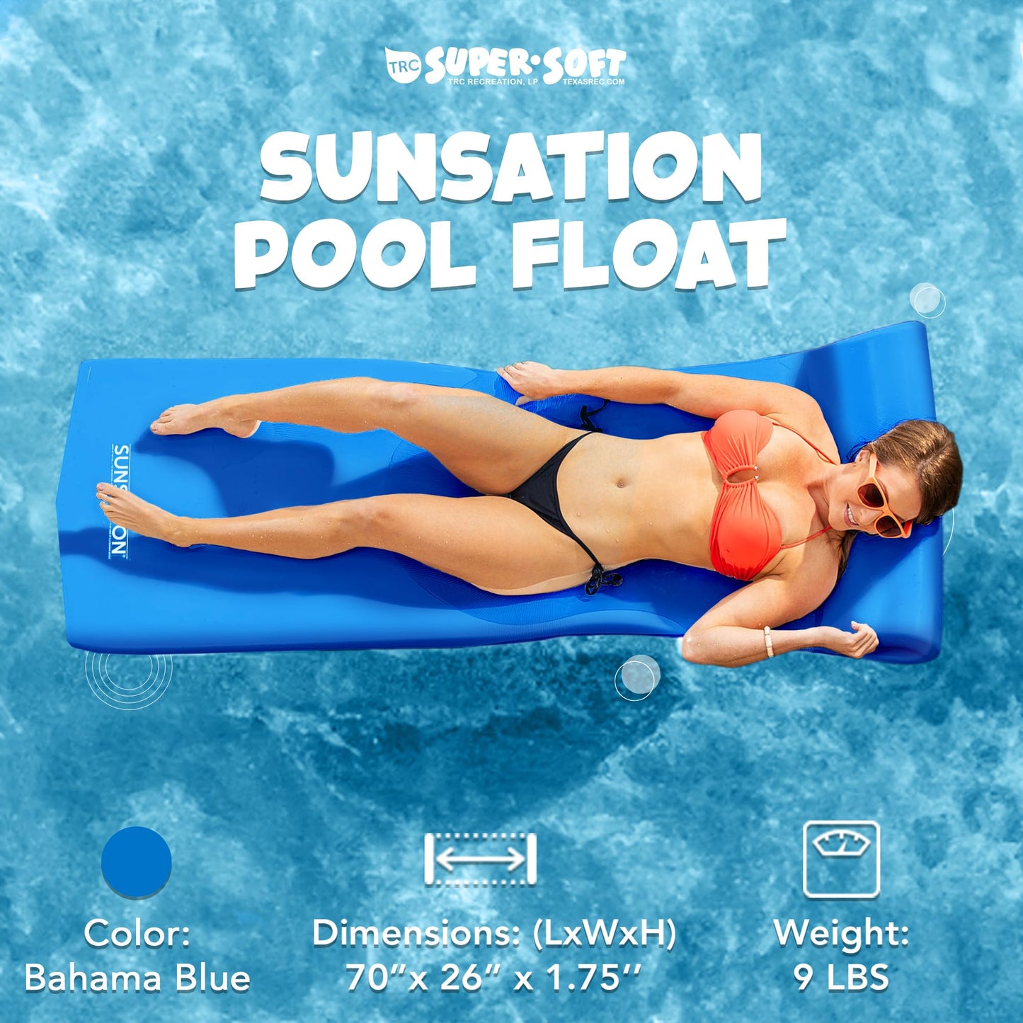 TRC Recreation Sunsation 1.75" Thick Foam Pool Float Lounger w/ Headrest for Lounging & Sunbathing in Swimming Pools, Beaches & Lakes, 70" x 26"