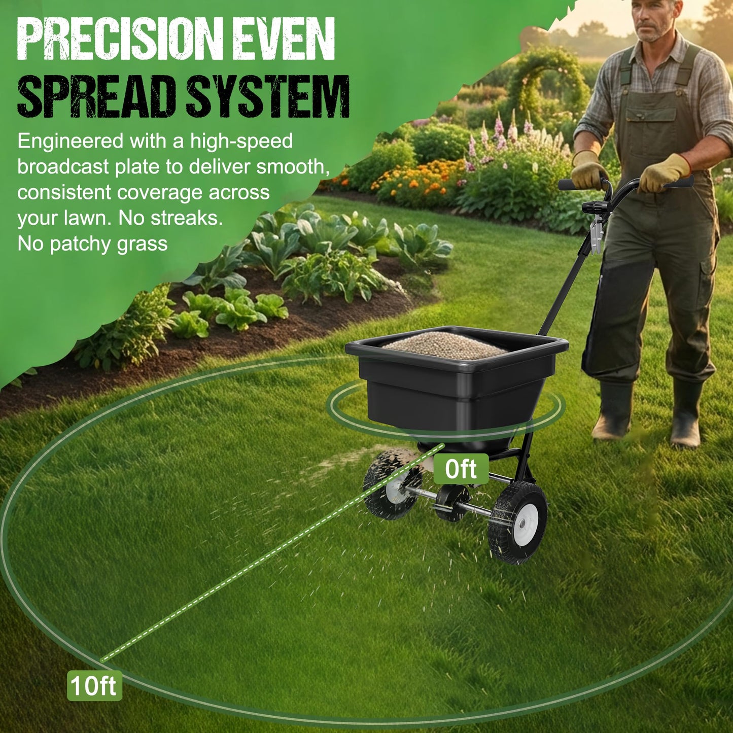 PPOLB Fertilizer Spreader 100LB Capacity, Walk-Behind Push Broadcast Spreader with Hopper Screen & Rain Cover, 0–10FT Spreading Width, Seed & Salt Spreader, 12" Pneumatic Wheels, 30-Level Flow Control