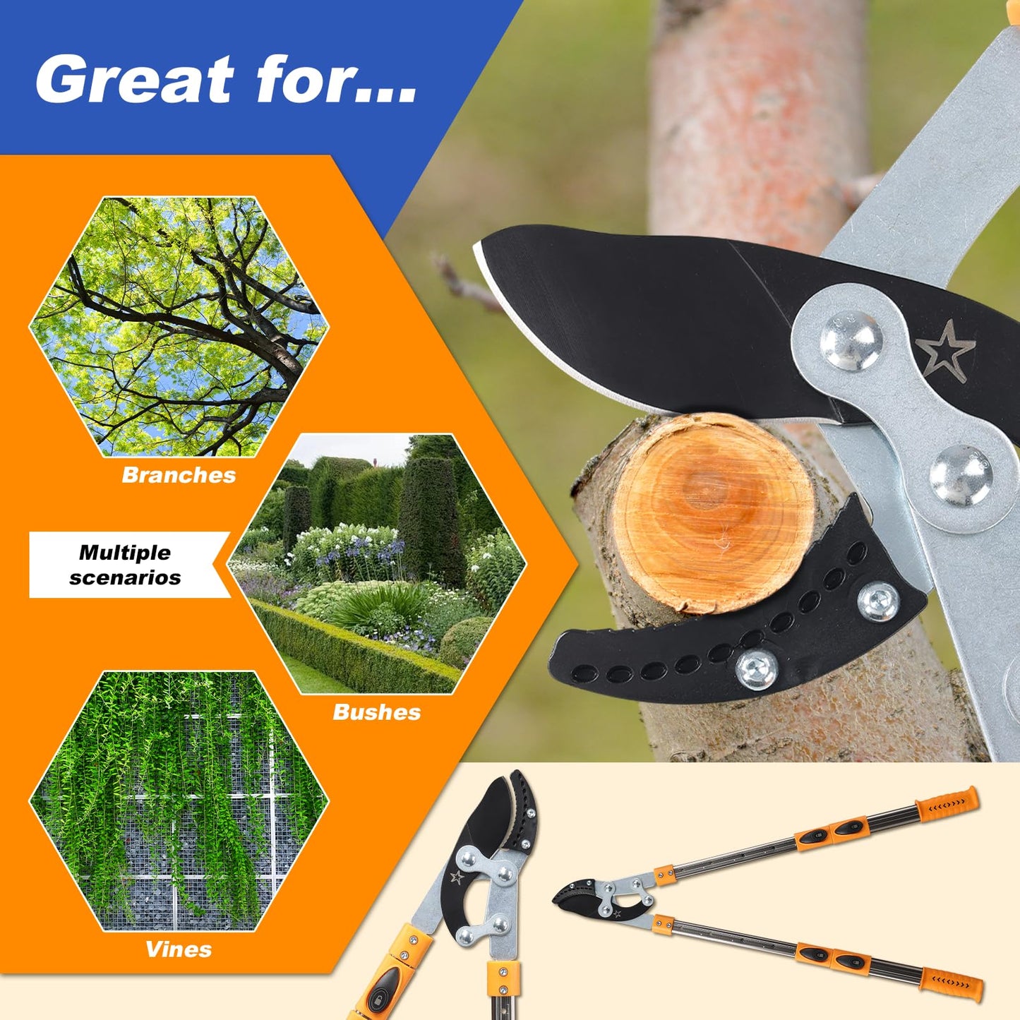Loppers for tree trimming heavy duty extendable 24.8-43.7 inches,Tree pruning shears Rust Resistant Sharp Steel Blade Tree Limb Trimmer，Shock-Absorbing design, Non-slip Handle，Garden Tools