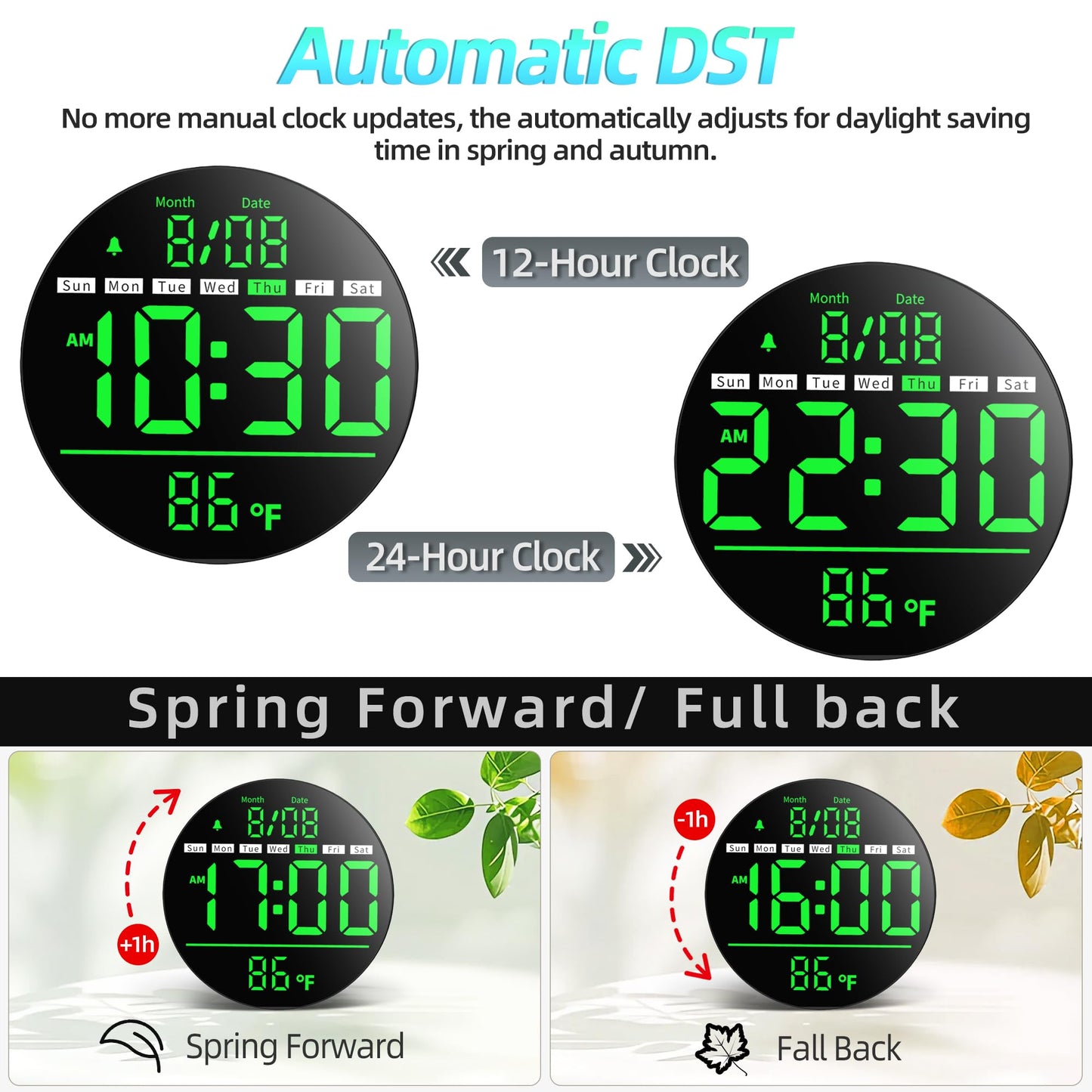 Jassurance 8in Round Digital Wall Clock, Large LED Display, Auto DST, Temperature, Alarm Clocks for Living Room, Bedroom, Office, Classroom, Gym Countdown Timer