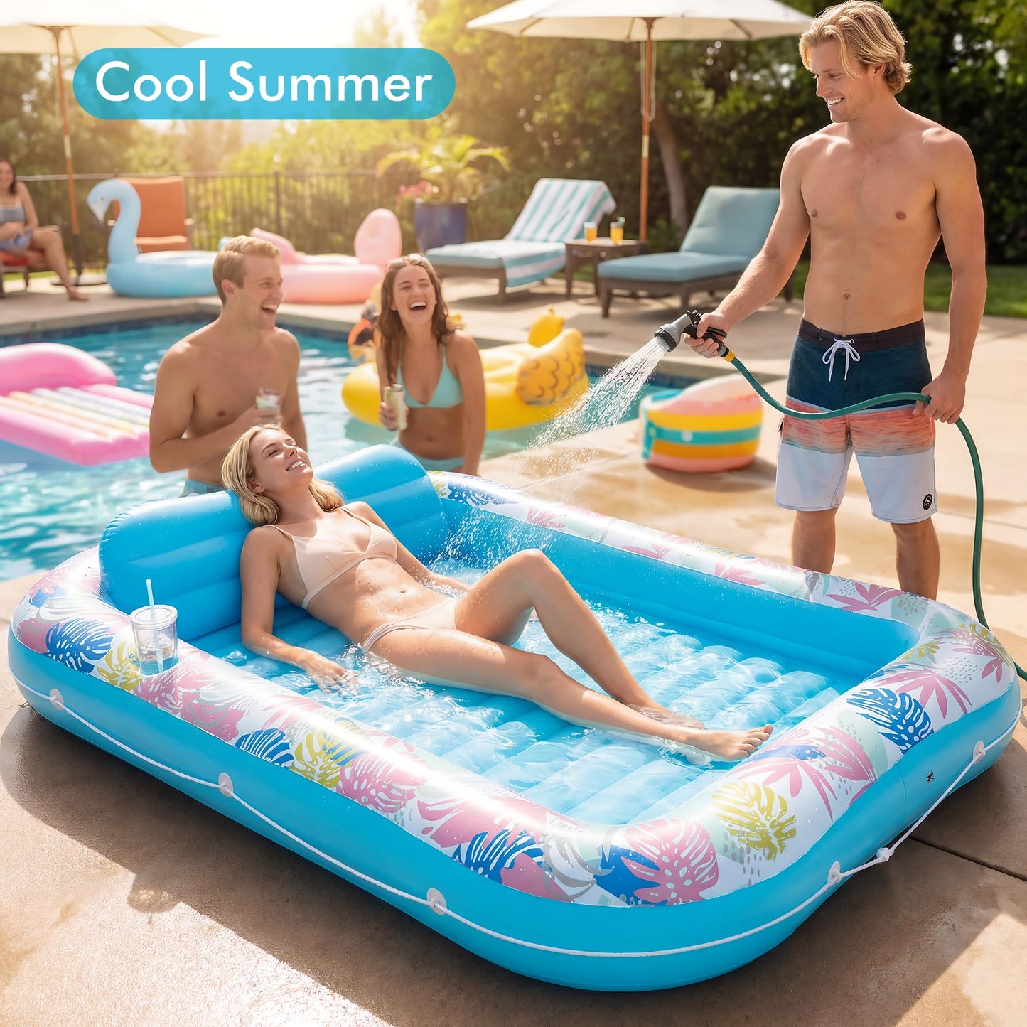 Tanning Pool Lounger Float, OKSUWATER 87" x 63" Pool Floats Adult with Headrest & Drink Holder, Blow-Up Bed Sun Tan Tub for Sunbathing, Beach, Backyard, Outdoor, Summer Water Party (Blue-XL)
