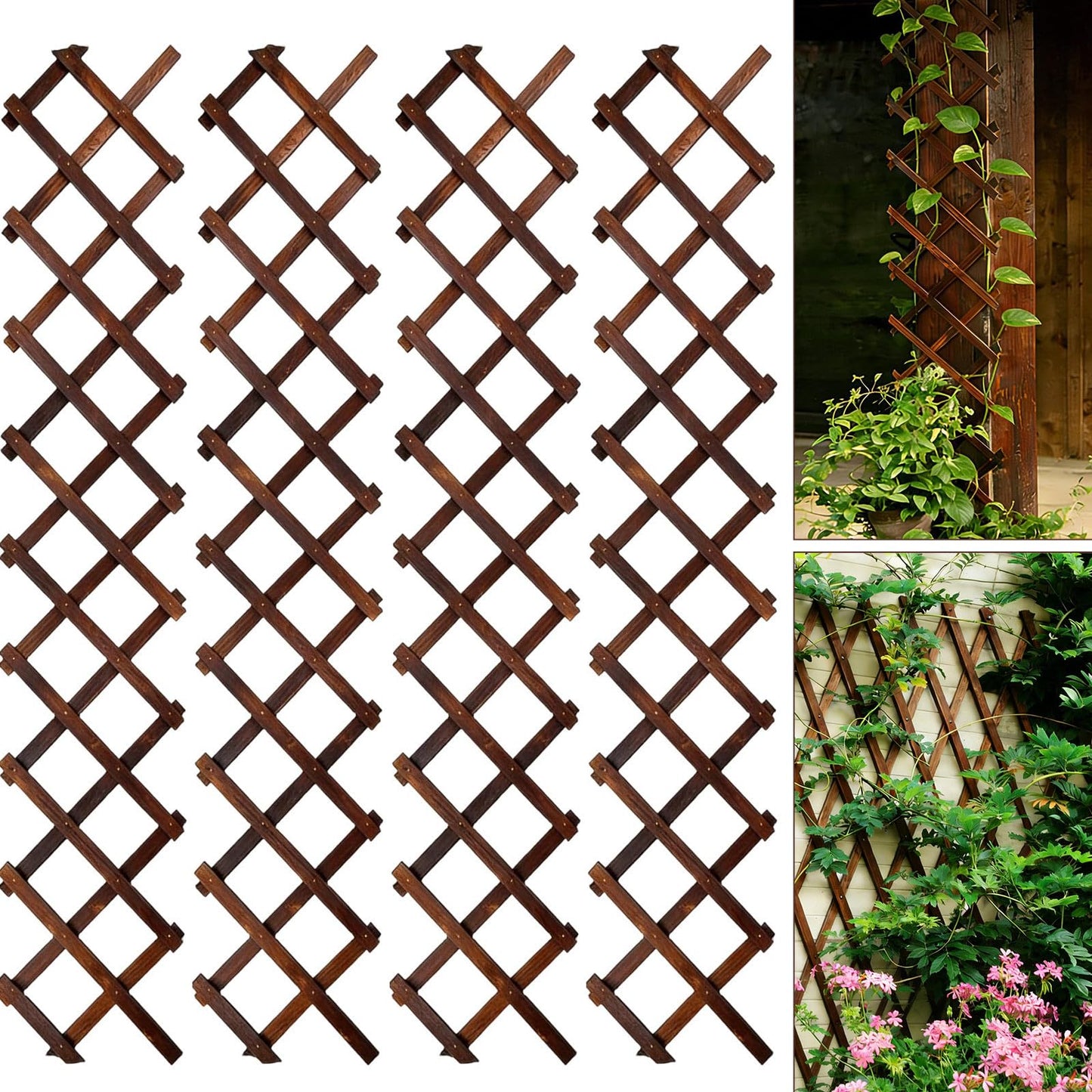 4 Pcs Expandable Garden Trellis, 13" x 68" Thickened Wooden Lattice Trellis for Climbing Plants Outdoor Ivy Vine Rose Clematis for Garden Fence Wall Patio Room Decor (4)